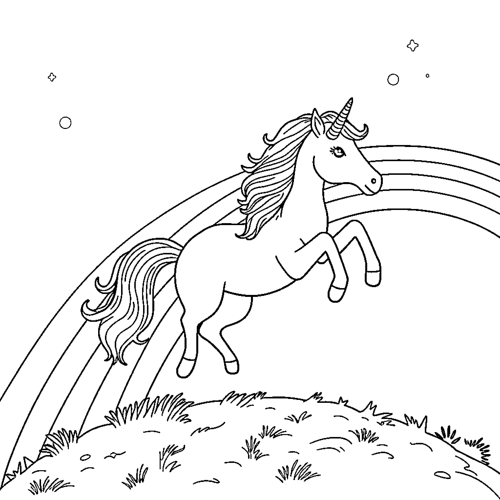 Unicorn leaping joyfully over a rainbow Coloring Page (free black-and-white line drawing printable PDF for all, from beginners to advanced learners, including children, teens, adults, and seniors)