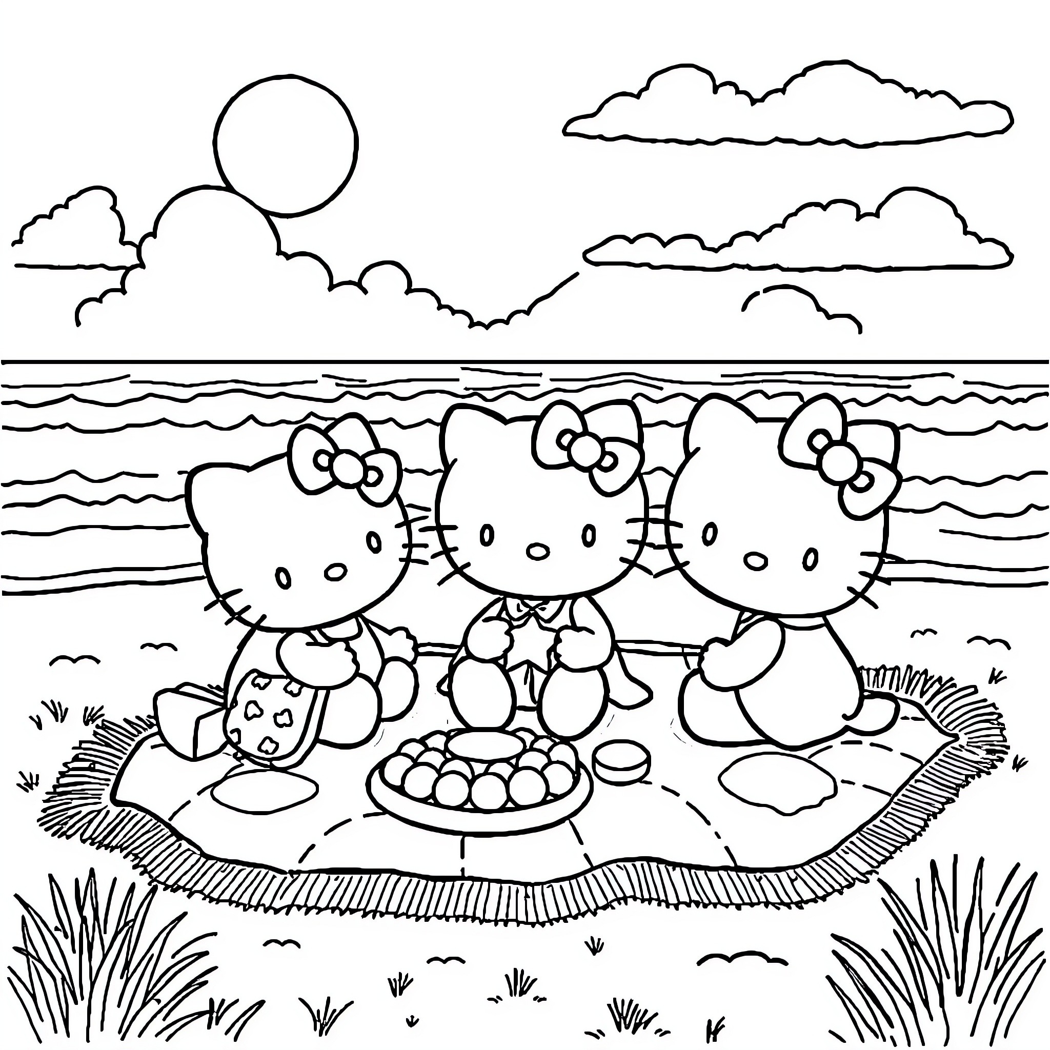 Hello Kitty enjoying a picnic at the beach Coloring Page (free black-and-white line drawing printable PDF for all, from beginners to advanced learners, including children, teens, adults, and seniors)