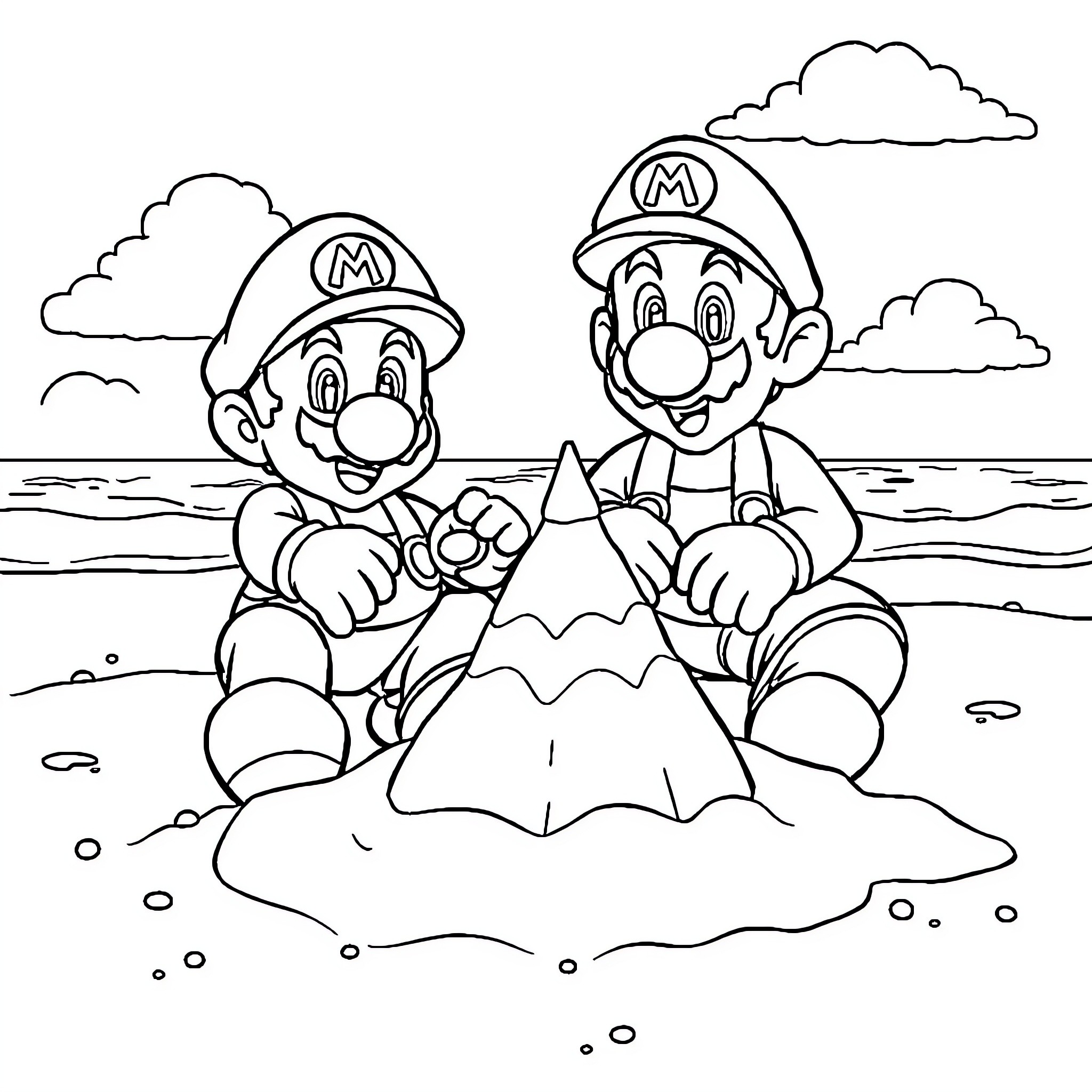 Mario Brothers Building a Sandcastle Coloring Page (free black-and-white line drawing printable PDF for all, from beginners to advanced learners, including children, teens, adults, and seniors)