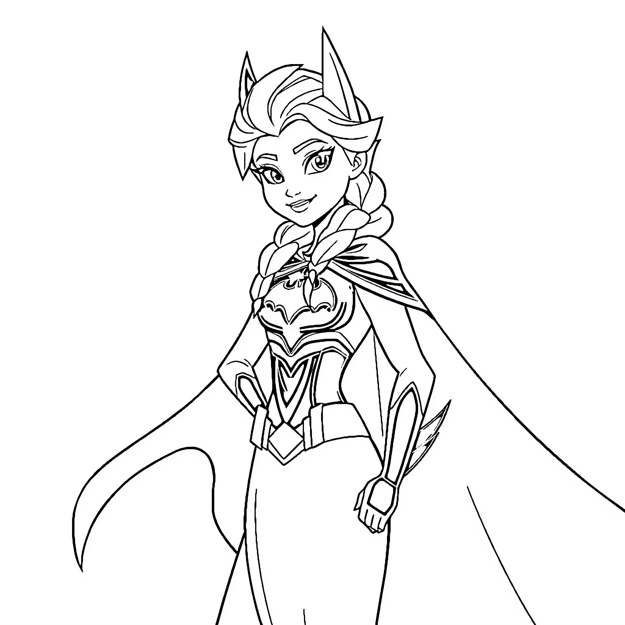 Elsa in her winter attire with a smiling expression Coloring Page (free black-and-white line drawing printable PDF for all, from beginners to advanced learners, including children, teens, adults, and seniors)