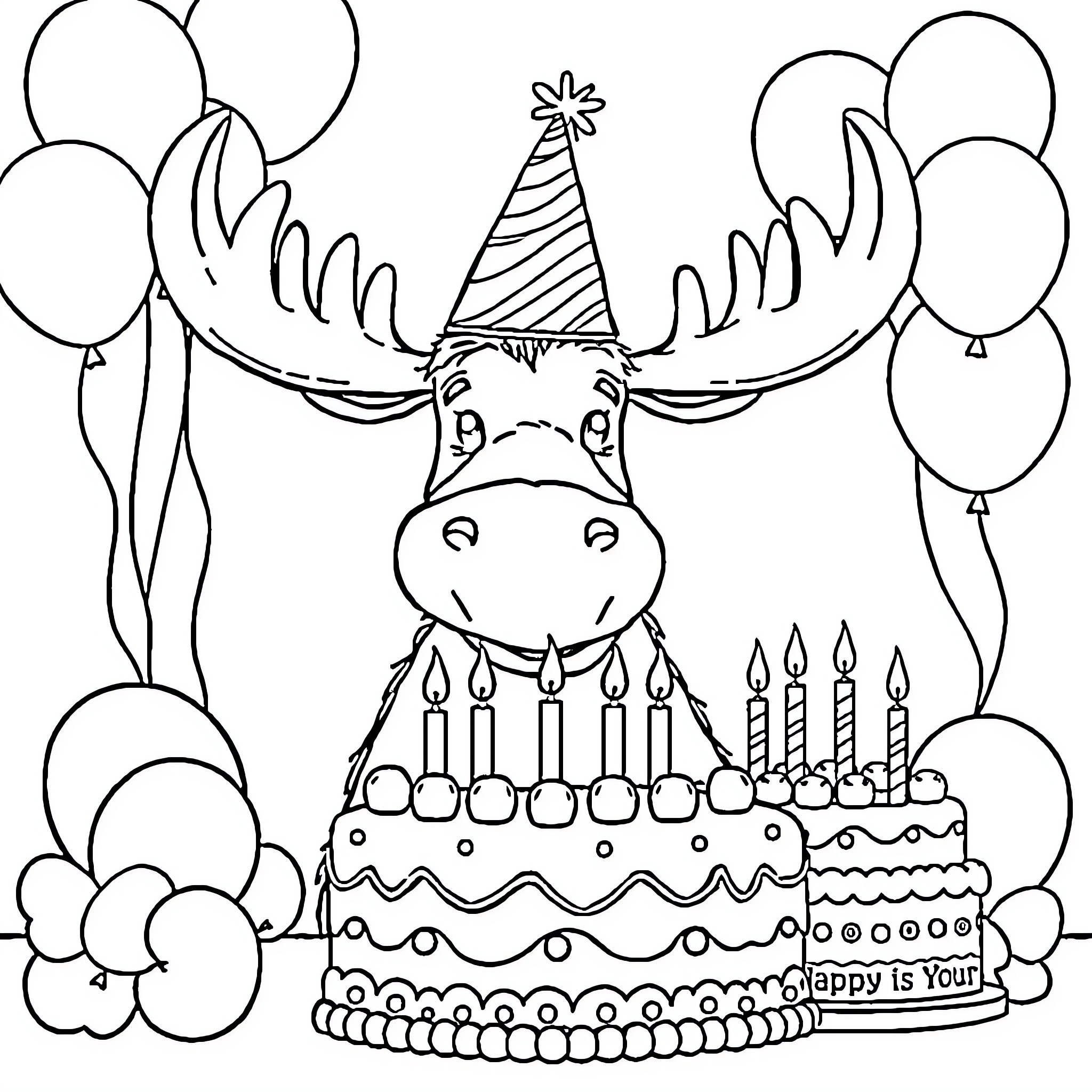 Moose celebrating birthday with cake and balloons Coloring Page (free black-and-white line drawing printable PDF for all, from beginners to advanced learners, including children, teens, adults, and seniors)
