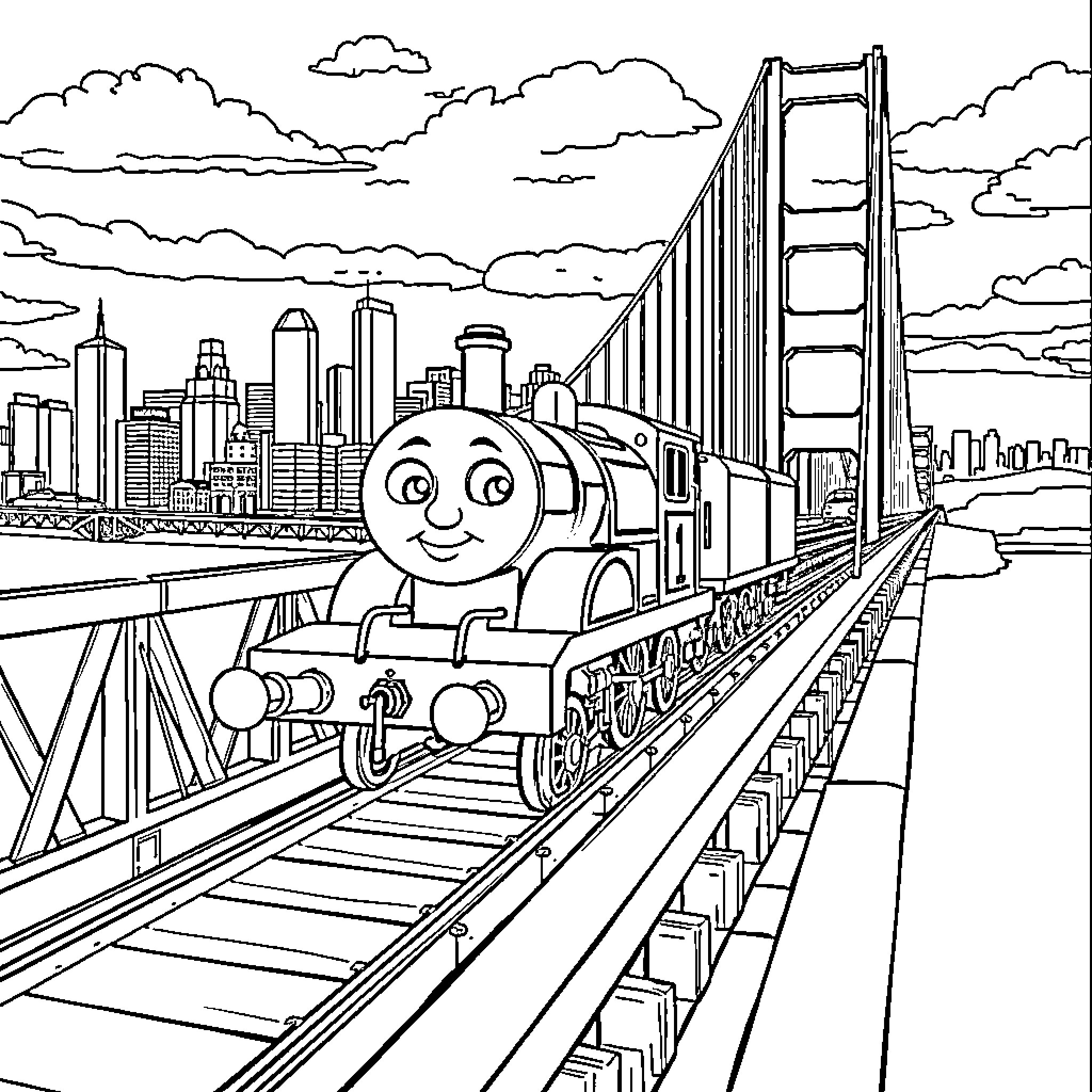 Thomas Train crossing big city bridge Coloring Page (free black-and-white line drawing printable PDF for all, from beginners to advanced learners, including children, teens, adults, and seniors)