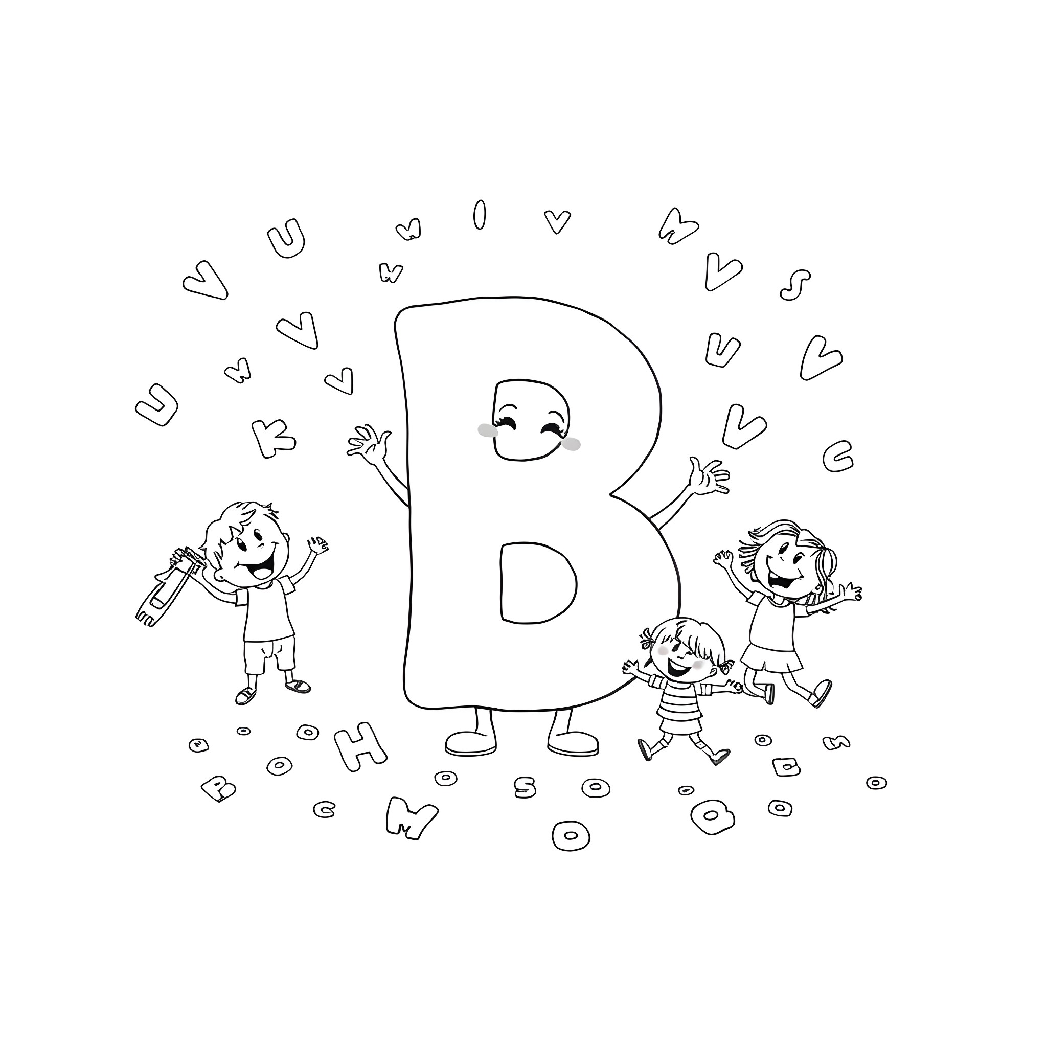 Letter B and happy children playing Coloring Page (free black-and-white line drawing printable PDF for all, from beginners to advanced learners, including children, teens, adults, and seniors)