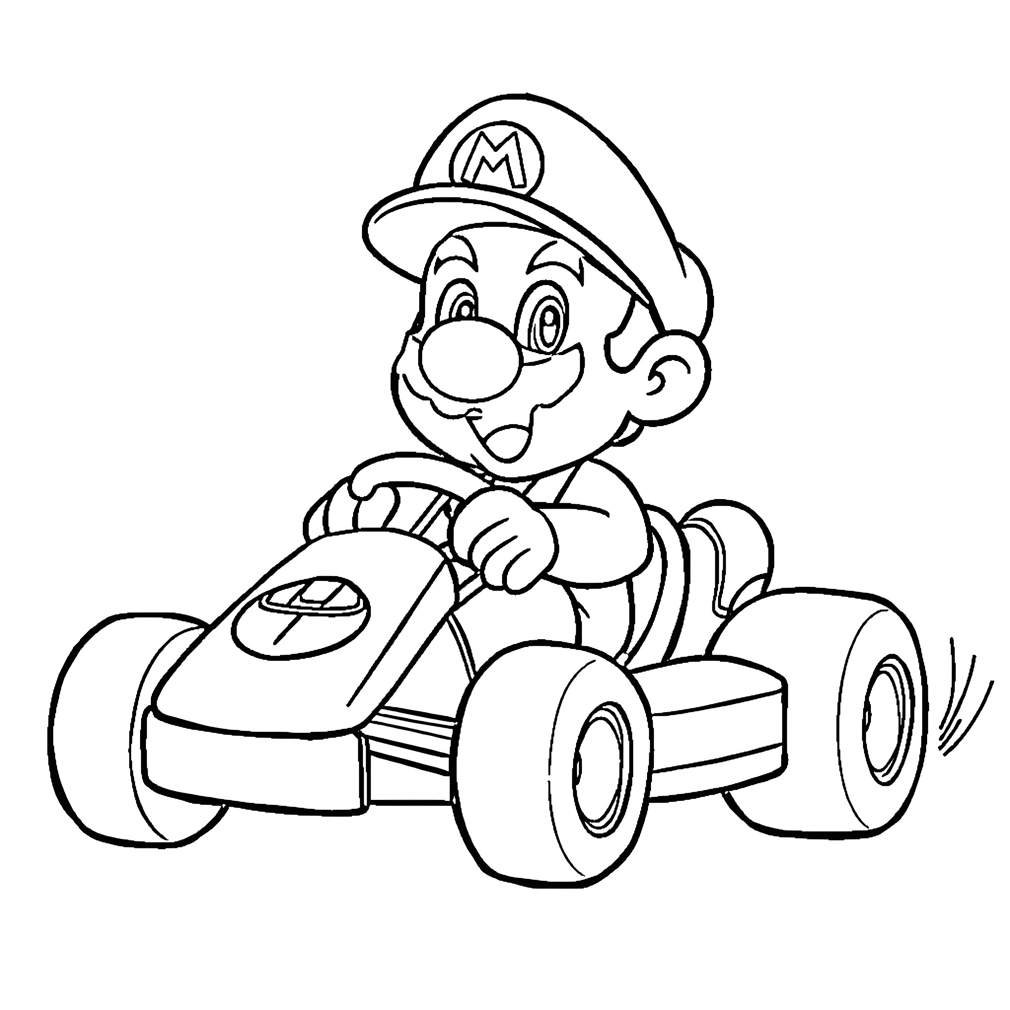 Baby Mario driving a colorful go-kart Coloring Page (free black-and-white line drawing printable PDF for all, from beginners to advanced learners, including children, teens, adults, and seniors)