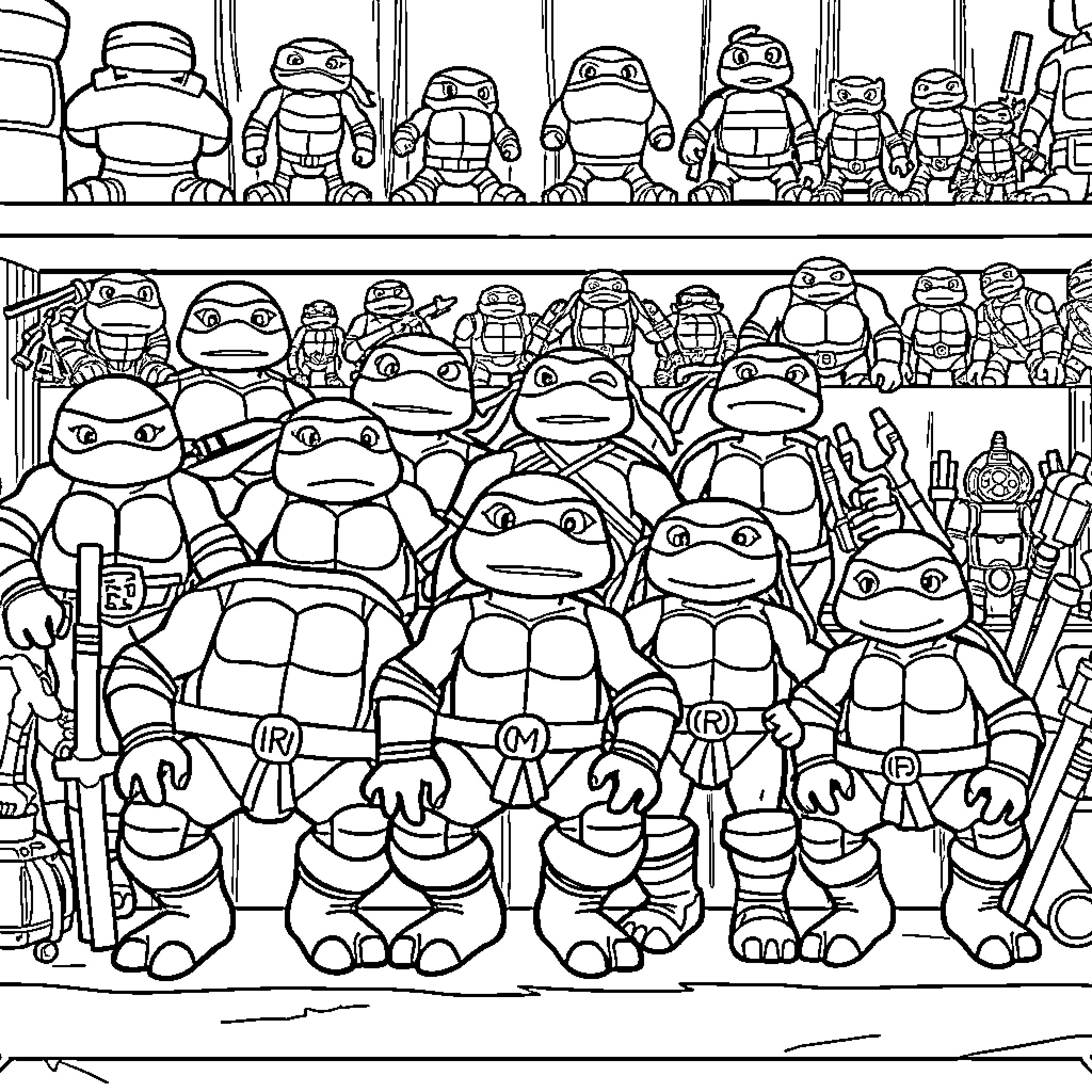 Teenage Mutant Ninja Turtles in Action and Adventure Coloring Page (free black-and-white line drawing printable PDF for all, from beginners to advanced learners, including children, teens, adults, and seniors)