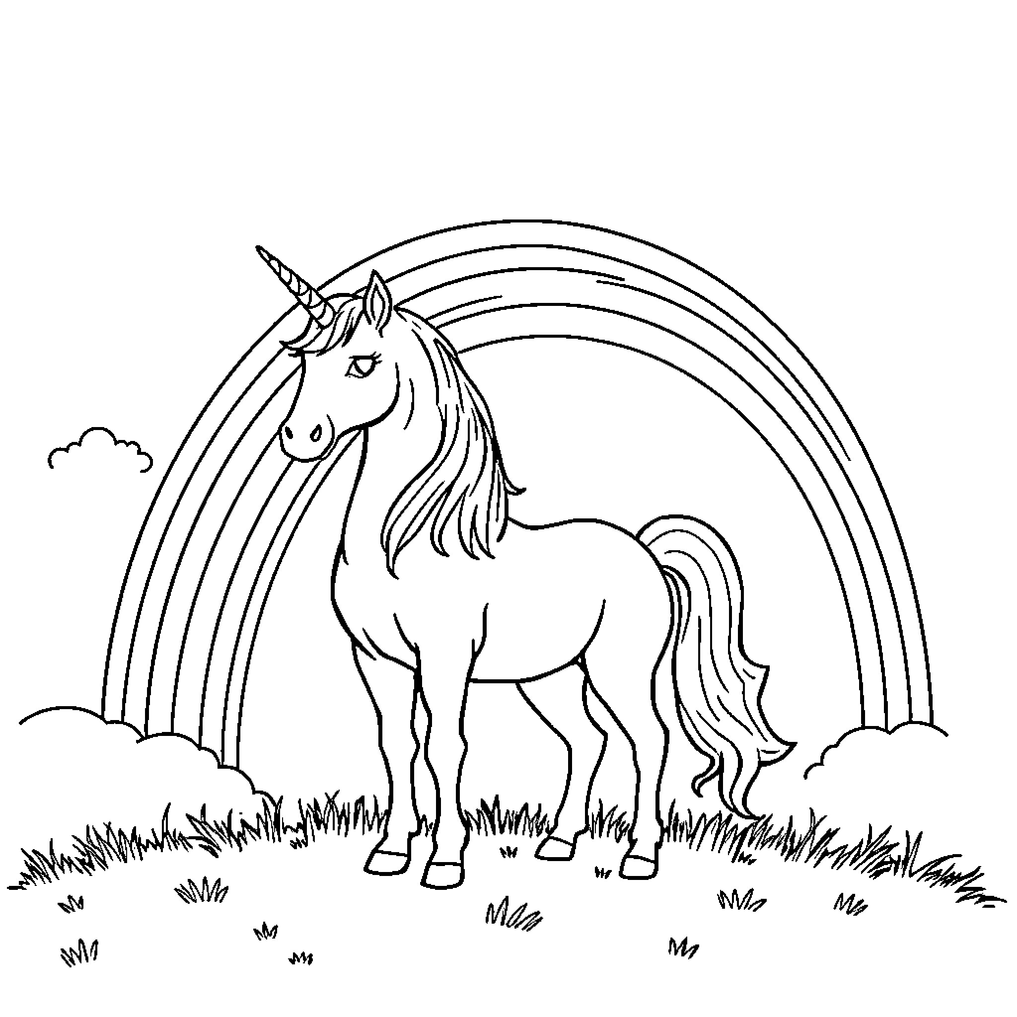 Unicorn standing proudly in a lush meadow Coloring Page (free black-and-white line drawing printable PDF for all, from beginners to advanced learners, including children, teens, adults, and seniors)