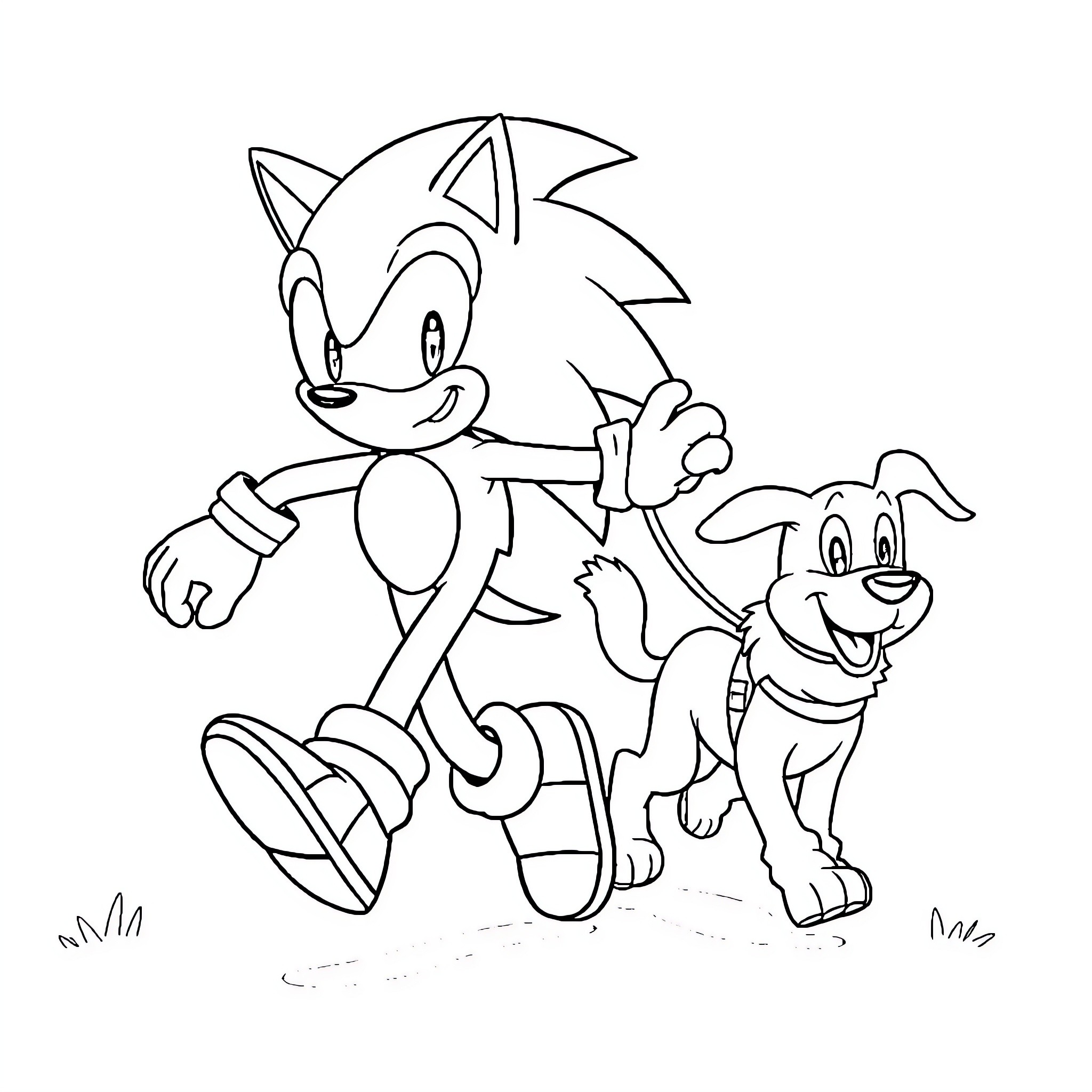 Sonic running with happy dog companion Coloring Page (free black-and-white line drawing printable PDF for all, from beginners to advanced learners, including children, teens, adults, and seniors)