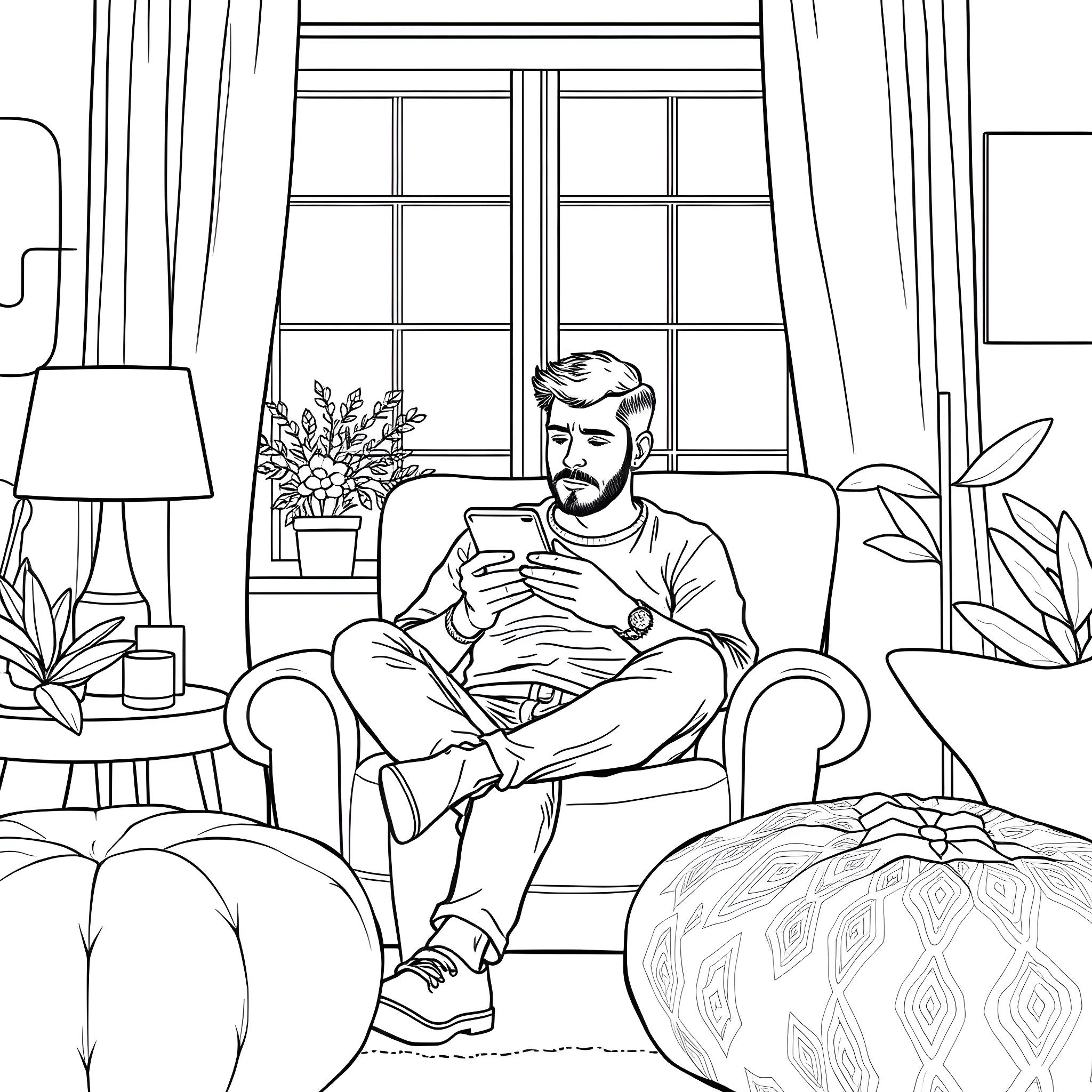 Man relaxing and using smartphone in cozy living room Coloring Page (free black-and-white line drawing printable PDF for all, from beginners to advanced learners, including children, teens, adults, and seniors)