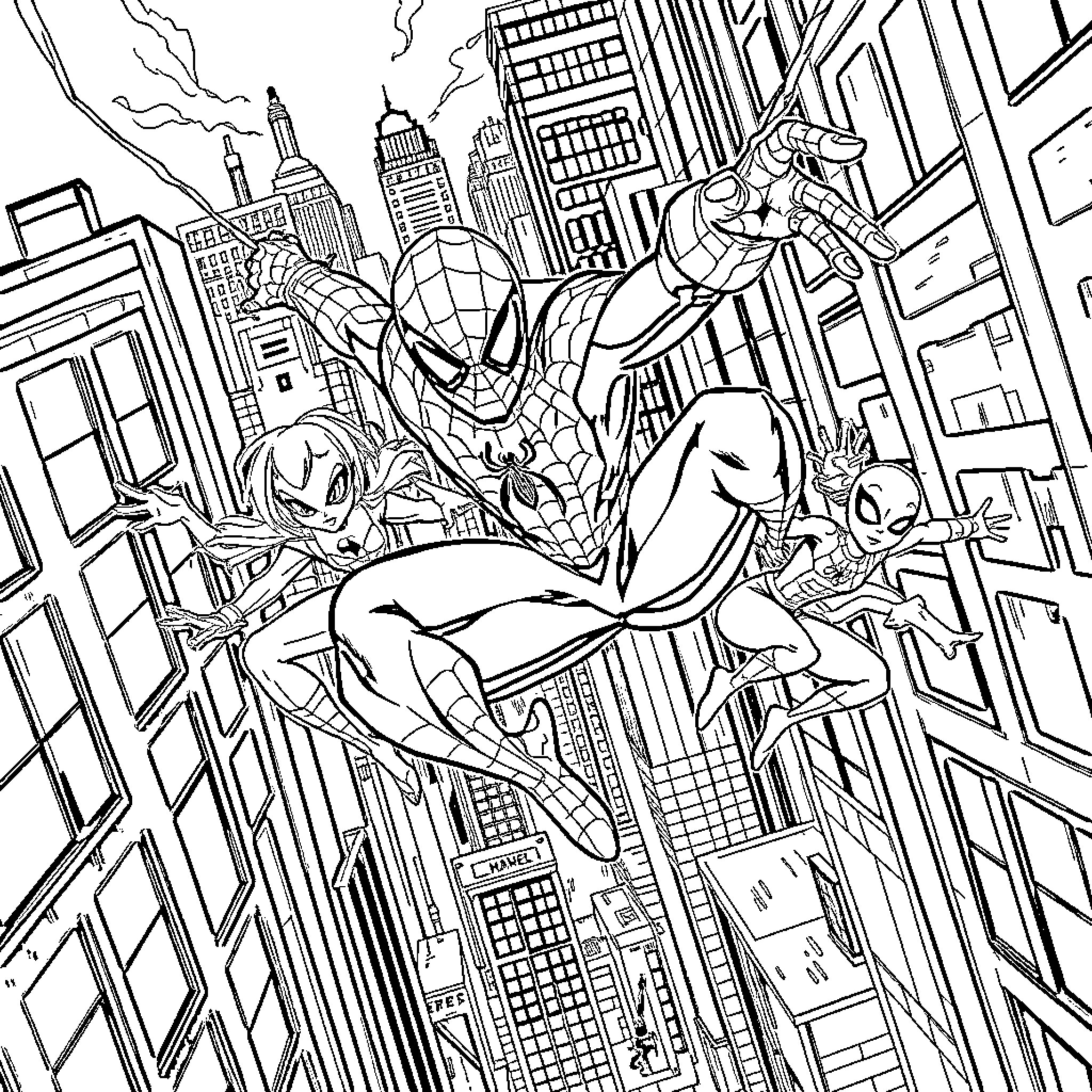 Spider-Man swinging through the vibrant city skyline Coloring Page (free black-and-white line drawing printable PDF for all, from beginners to advanced learners, including children, teens, adults, and seniors)