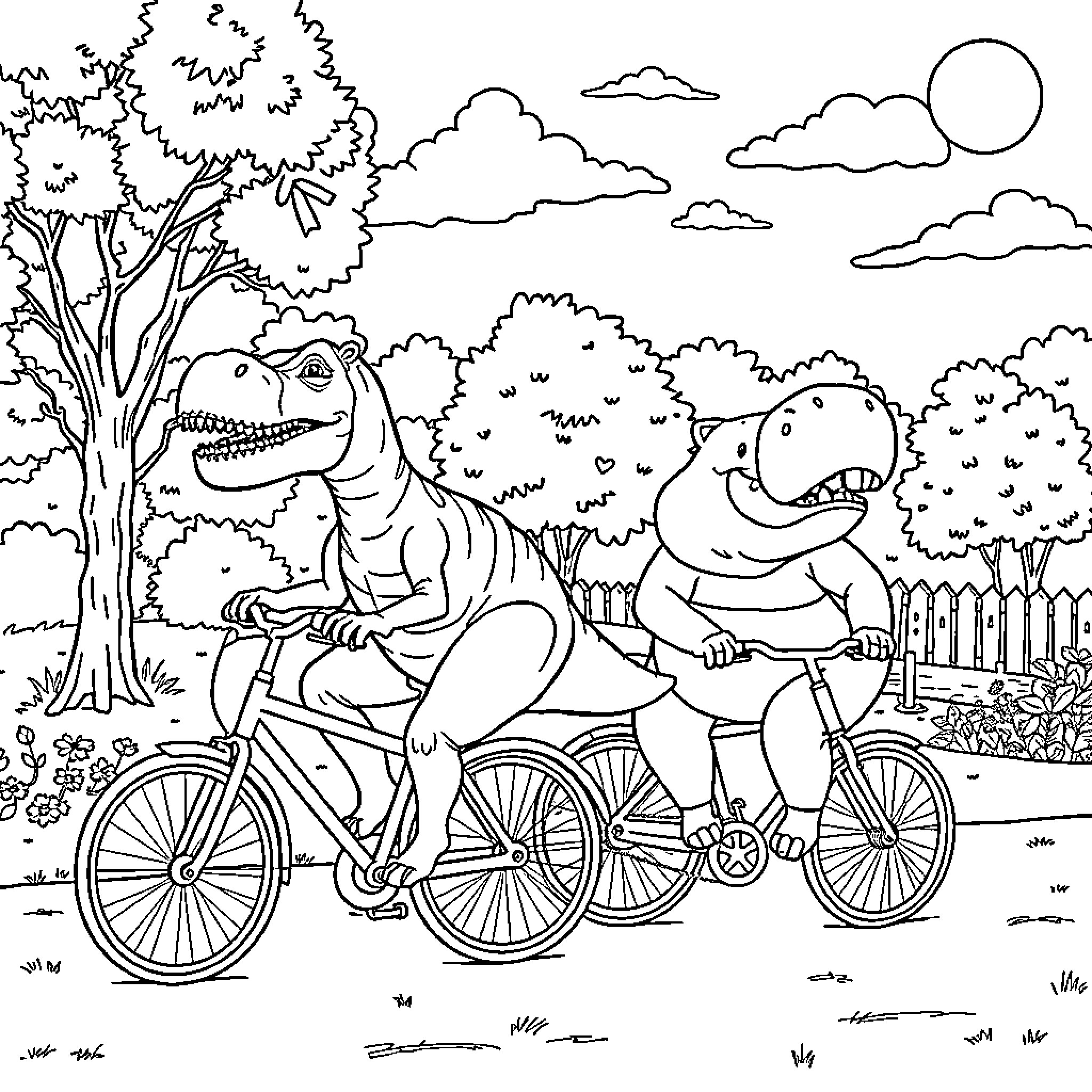 Dinosaurs riding bicycles in the park Coloring Page (free black-and-white line drawing printable PDF for all, from beginners to advanced learners, including children, teens, adults, and seniors)