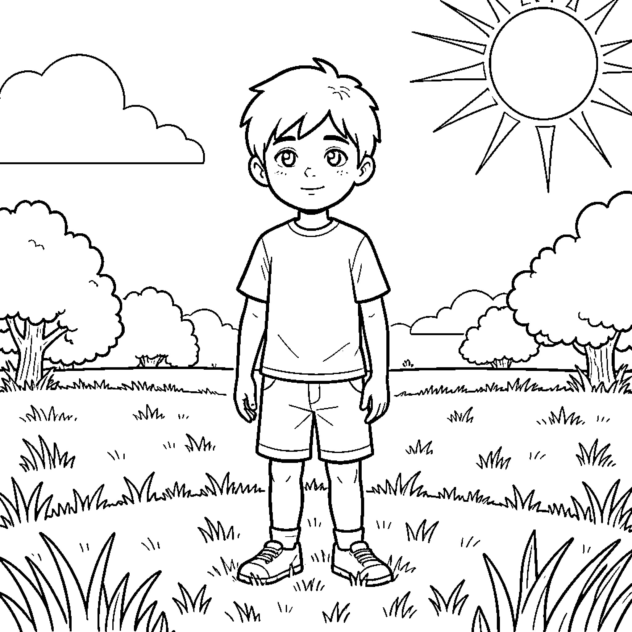 Boy standing happily in the countryside Coloring Page (free black-and-white line drawing printable PDF for all, from beginners to advanced learners, including children, teens, adults, and seniors)