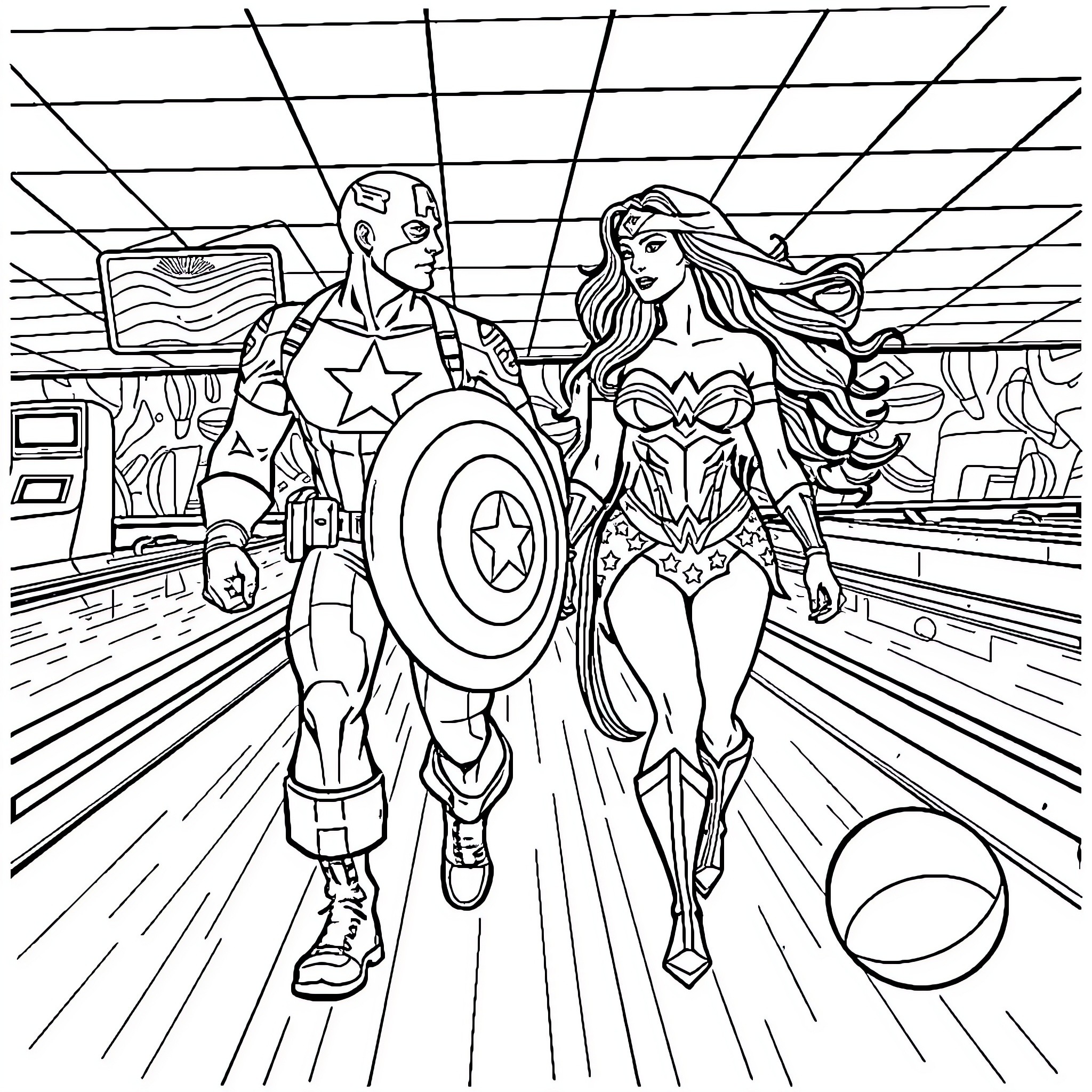 Captain America and Wonder Woman Heroic Duo in Action Coloring Page (free black-and-white line drawing printable PDF for all, from beginners to advanced learners, including children, teens, adults, and seniors)