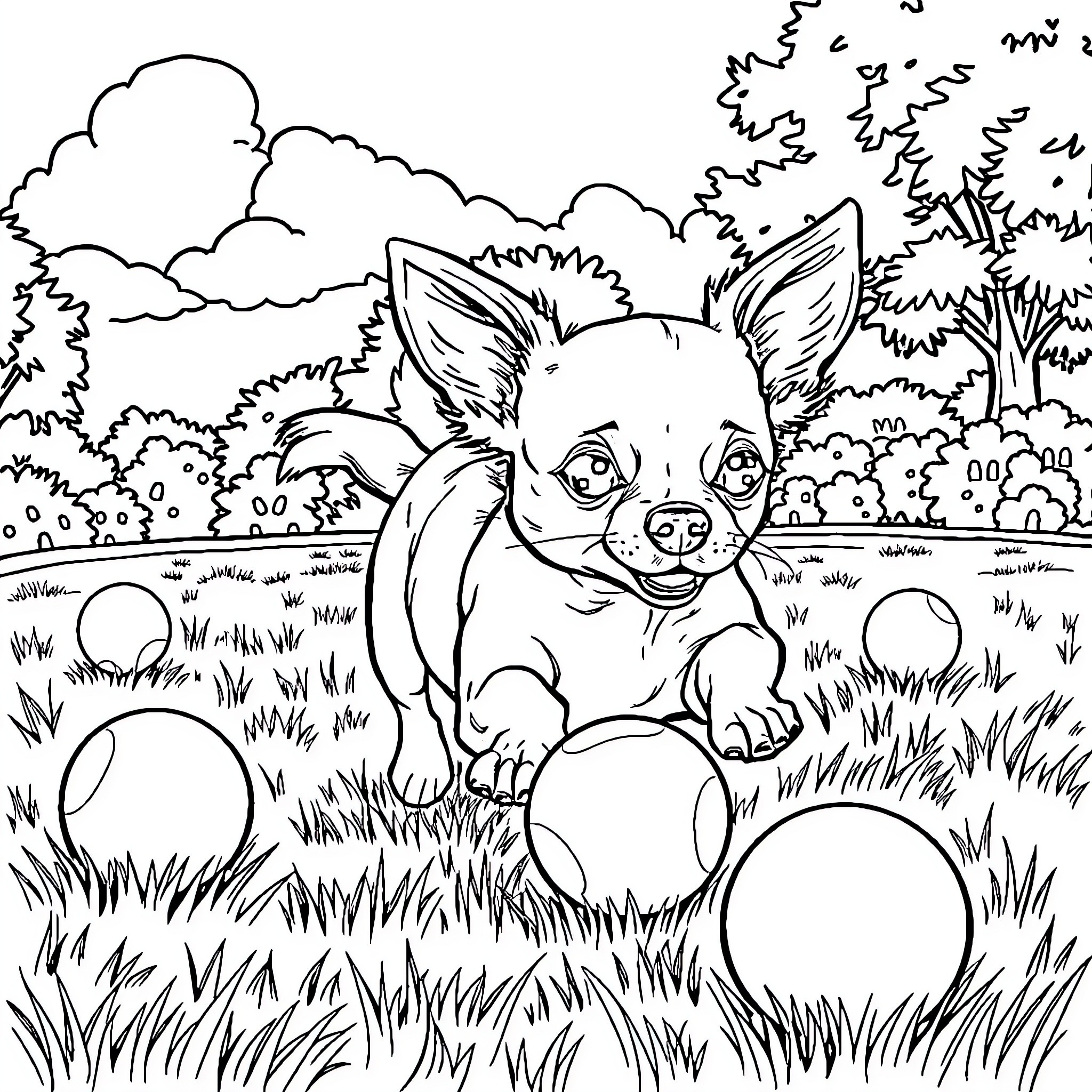 Chihuahua enjoying outdoor adventure in nature Coloring Page (free black-and-white line drawing printable PDF for all, from beginners to advanced learners, including children, teens, adults, and seniors)
