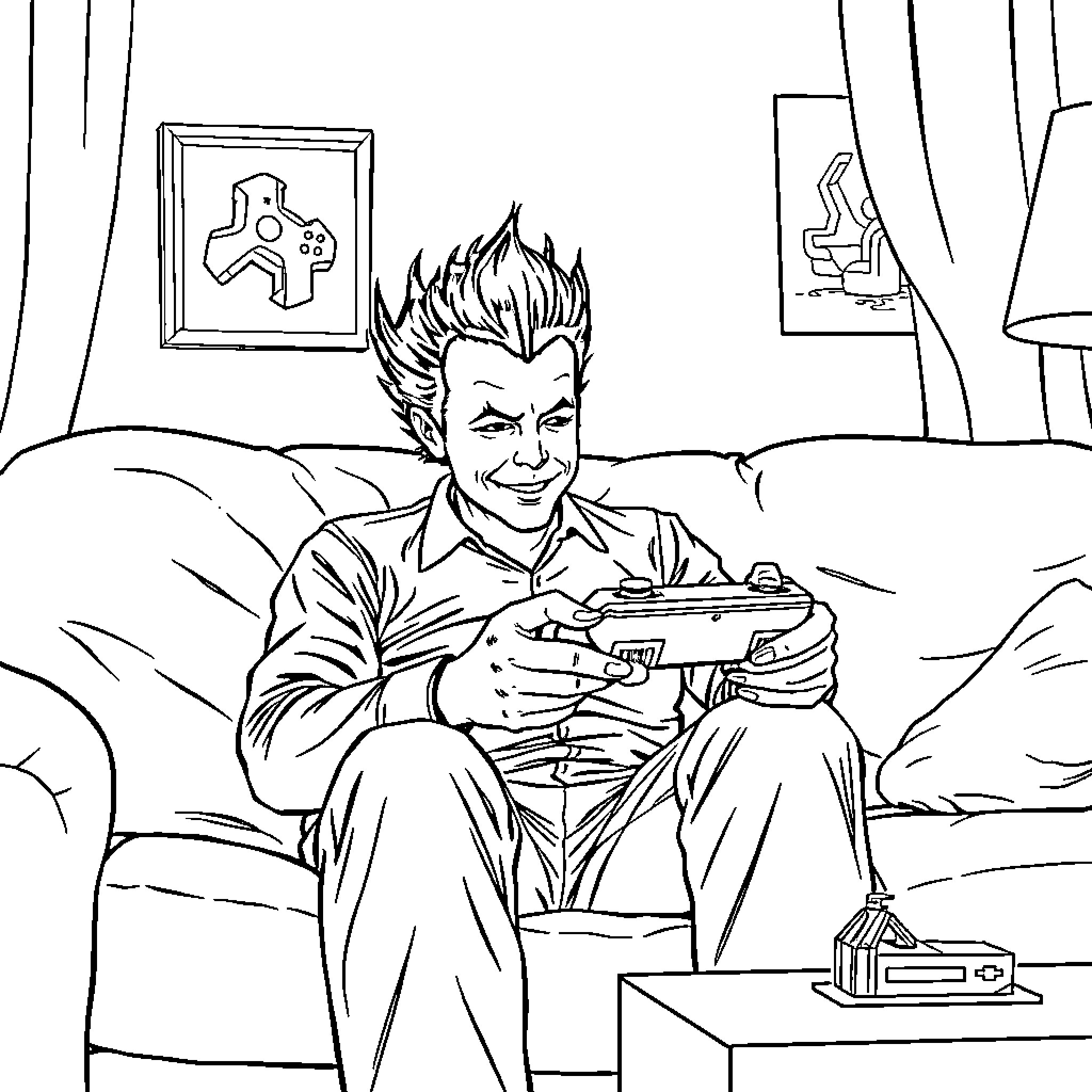 Michael Myers playing video games in his living room Coloring Page (free black-and-white line drawing printable PDF for all, from beginners to advanced learners, including children, teens, adults, and seniors)