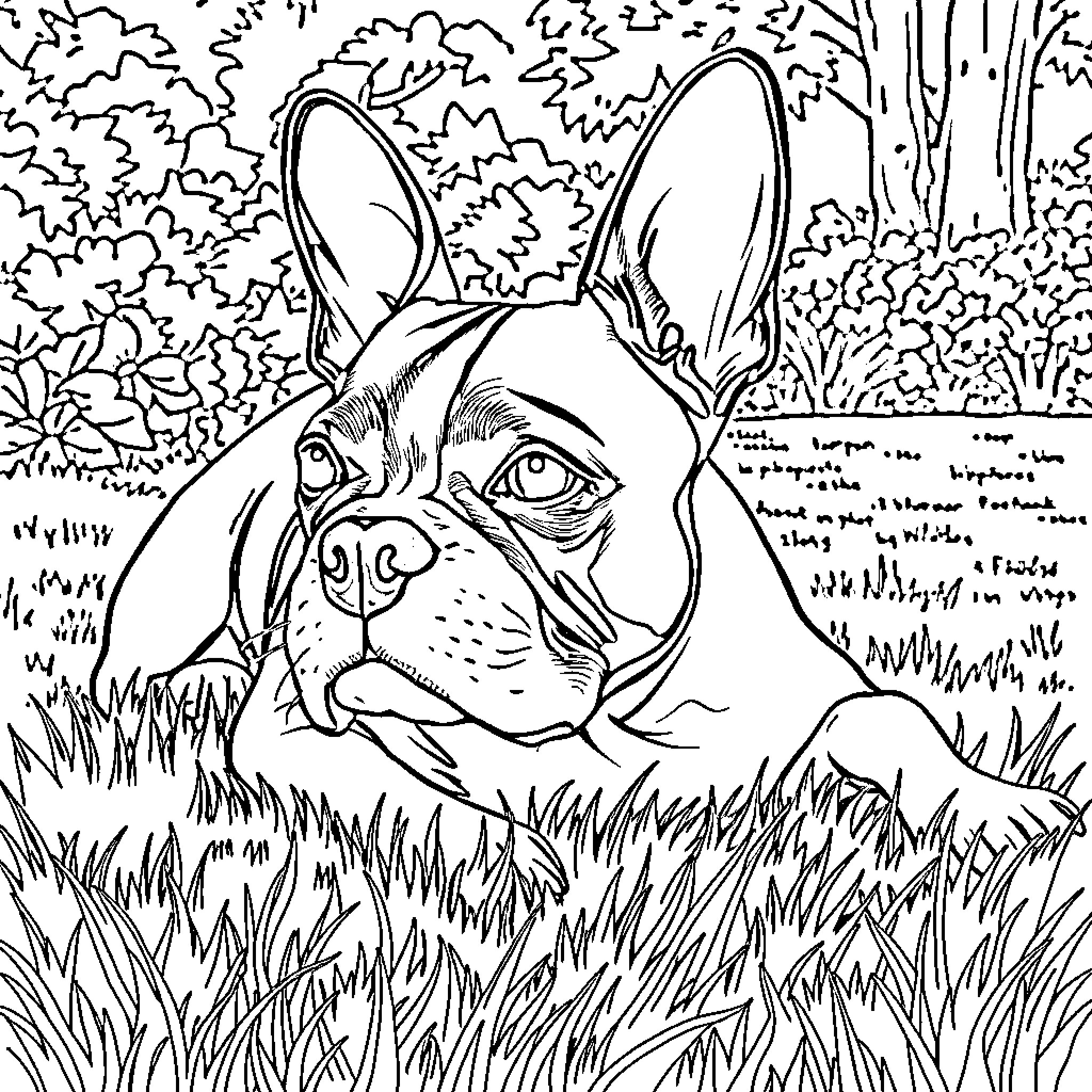 Boston Terrier peeking through bushes Coloring Page (free black-and-white line drawing printable PDF for all, from beginners to advanced learners, including children, teens, adults, and seniors)