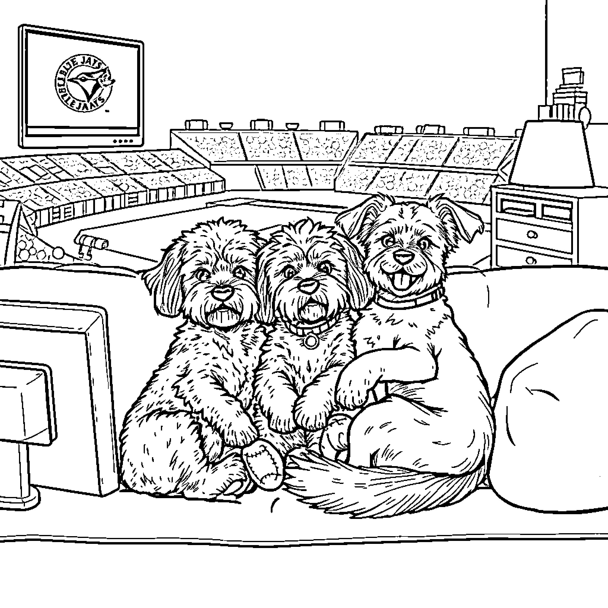 Poodle pals watching game on TV Coloring Page (free black-and-white line drawing printable PDF for all, from beginners to advanced learners, including children, teens, adults, and seniors)
