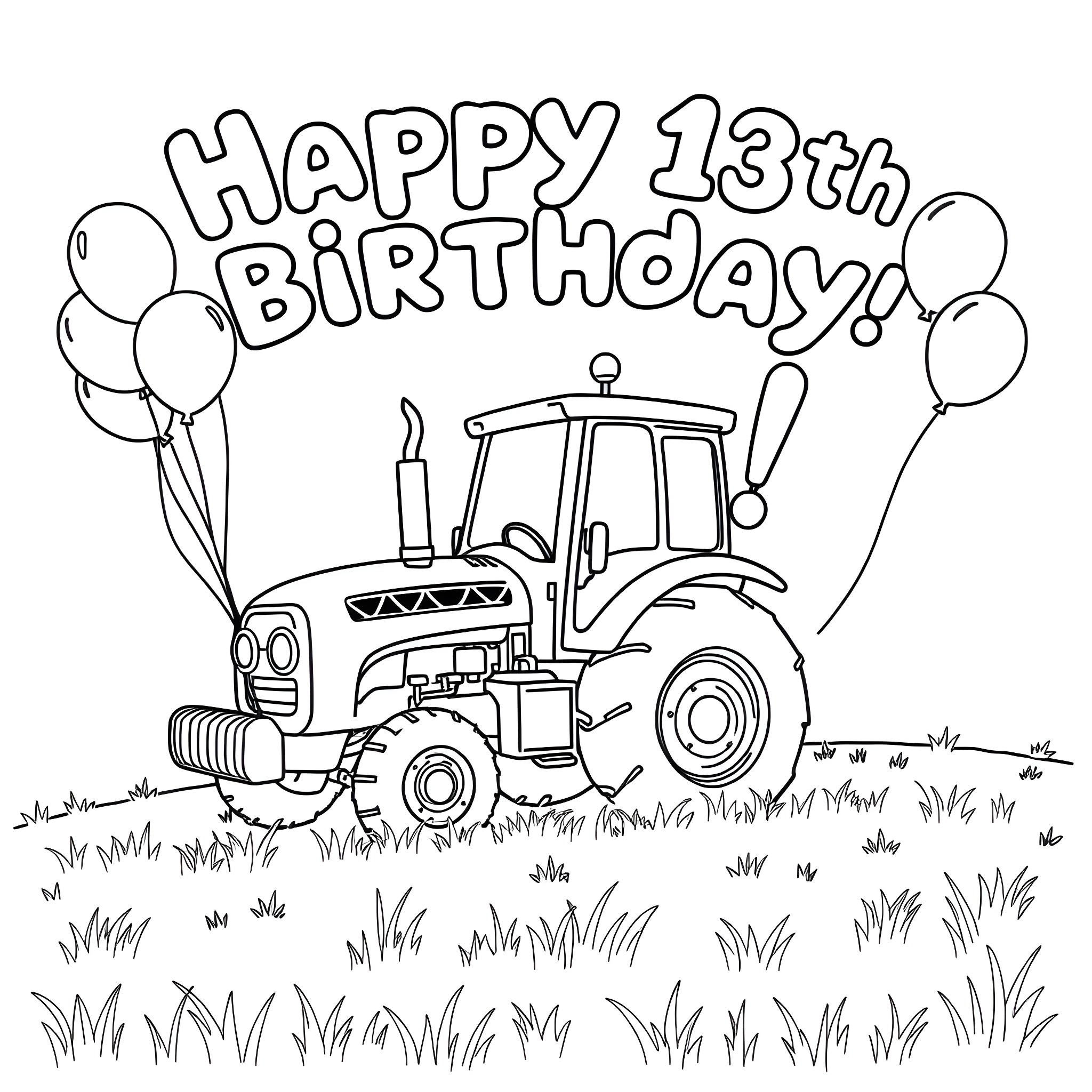 Tractor in a field with birthday balloons Coloring Page (free black-and-white line drawing printable PDF for all, from beginners to advanced learners, including children, teens, adults, and seniors)