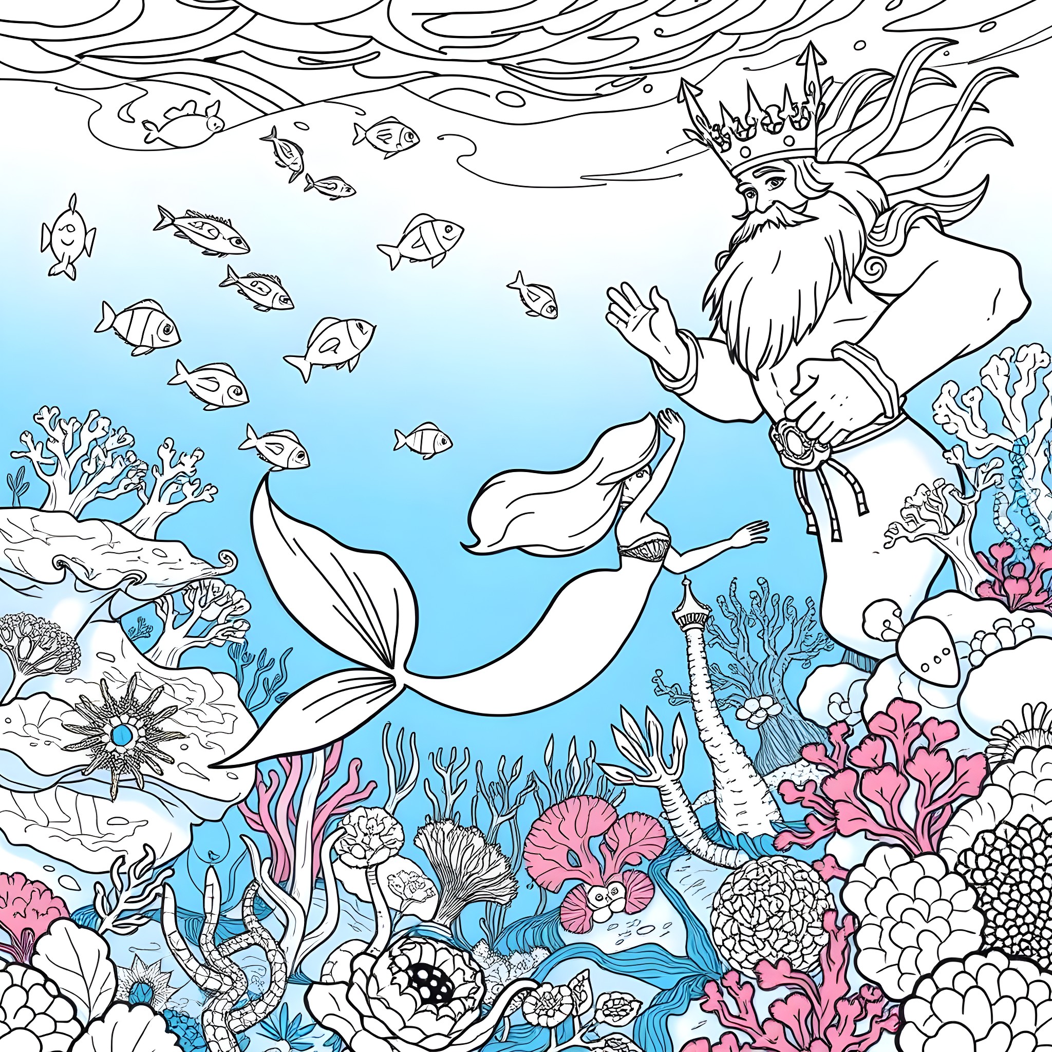 Mermaid Exploring the Underwater Enchanted World Coloring Page (free black-and-white line drawing printable PDF for all, from beginners to advanced learners, including children, teens, adults, and seniors)