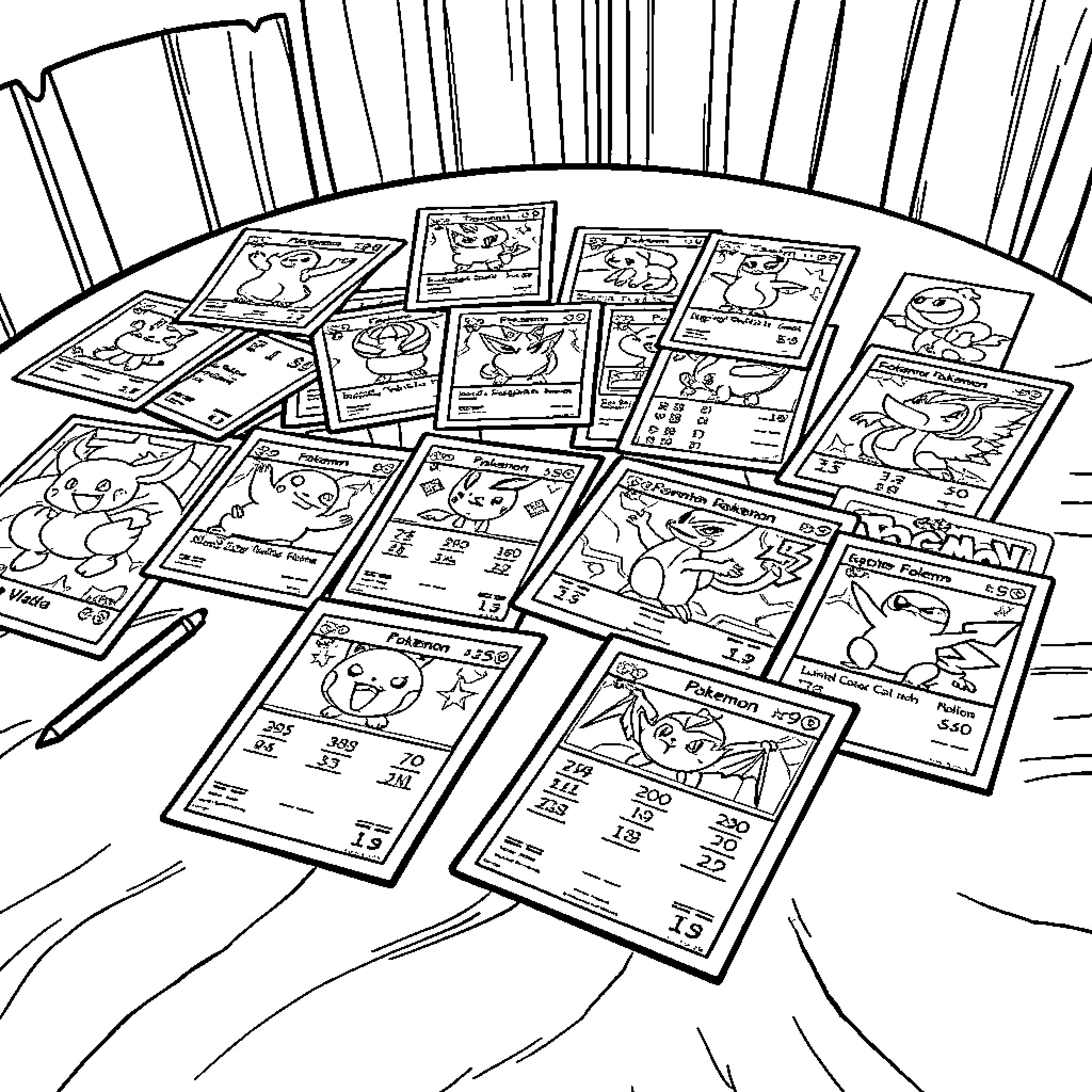 Pokémon cards scattered on a desk Coloring Page (free black-and-white line drawing printable PDF for all, from beginners to advanced learners, including children, teens, adults, and seniors)