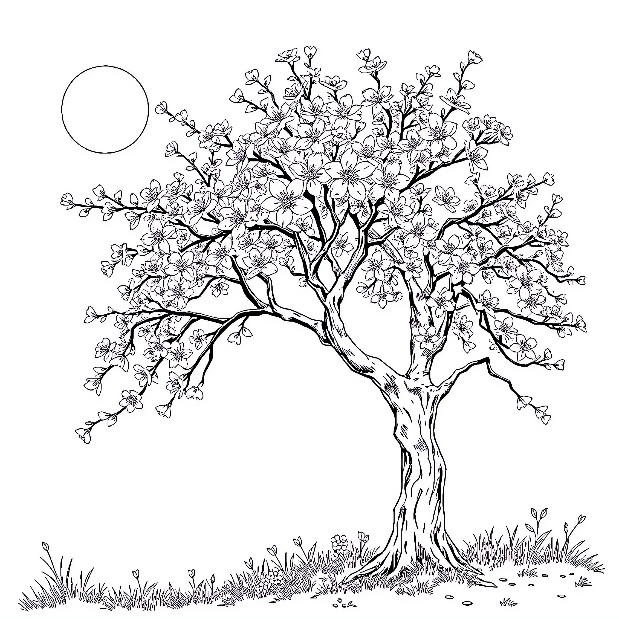 Sakura Tree in Bloom under the Moon Coloring Page (free black-and-white line drawing printable PDF for all, from beginners to advanced learners, including children, teens, adults, and seniors)