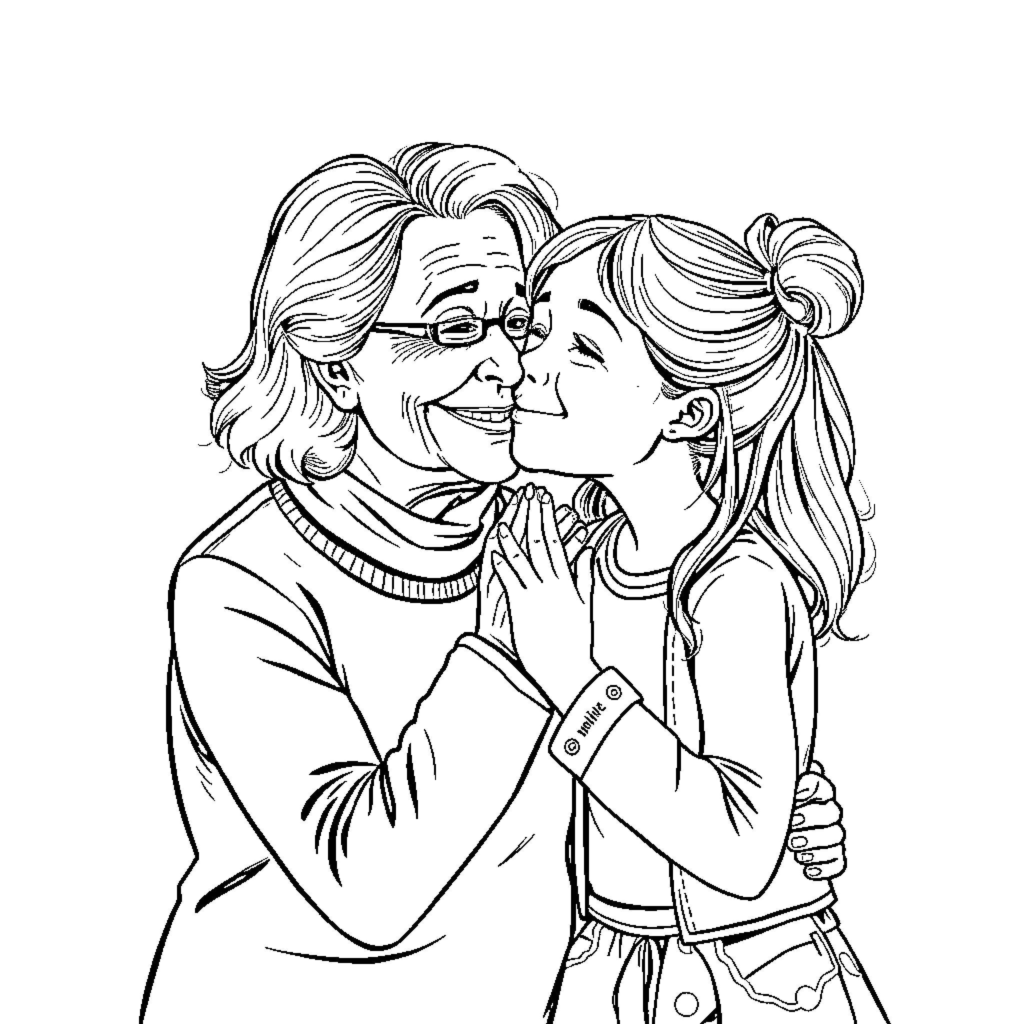Grandmother embracing her granddaughter with affection Coloring Page (free black-and-white line drawing printable PDF for all, from beginners to advanced learners, including children, teens, adults, and seniors)