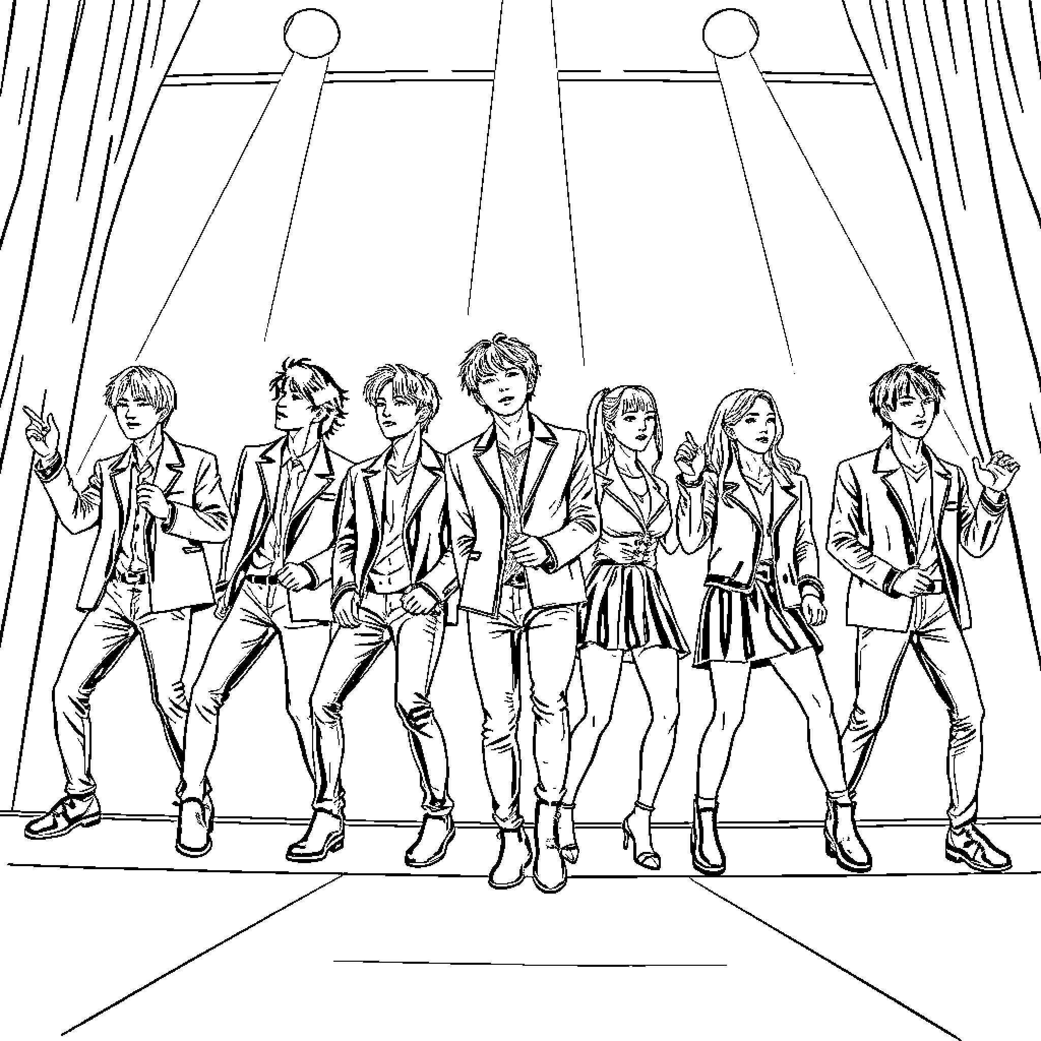 Kpop idols performing on stage in stylish outfits Coloring Page (free black-and-white line drawing printable PDF for all, from beginners to advanced learners, including children, teens, adults, and seniors)