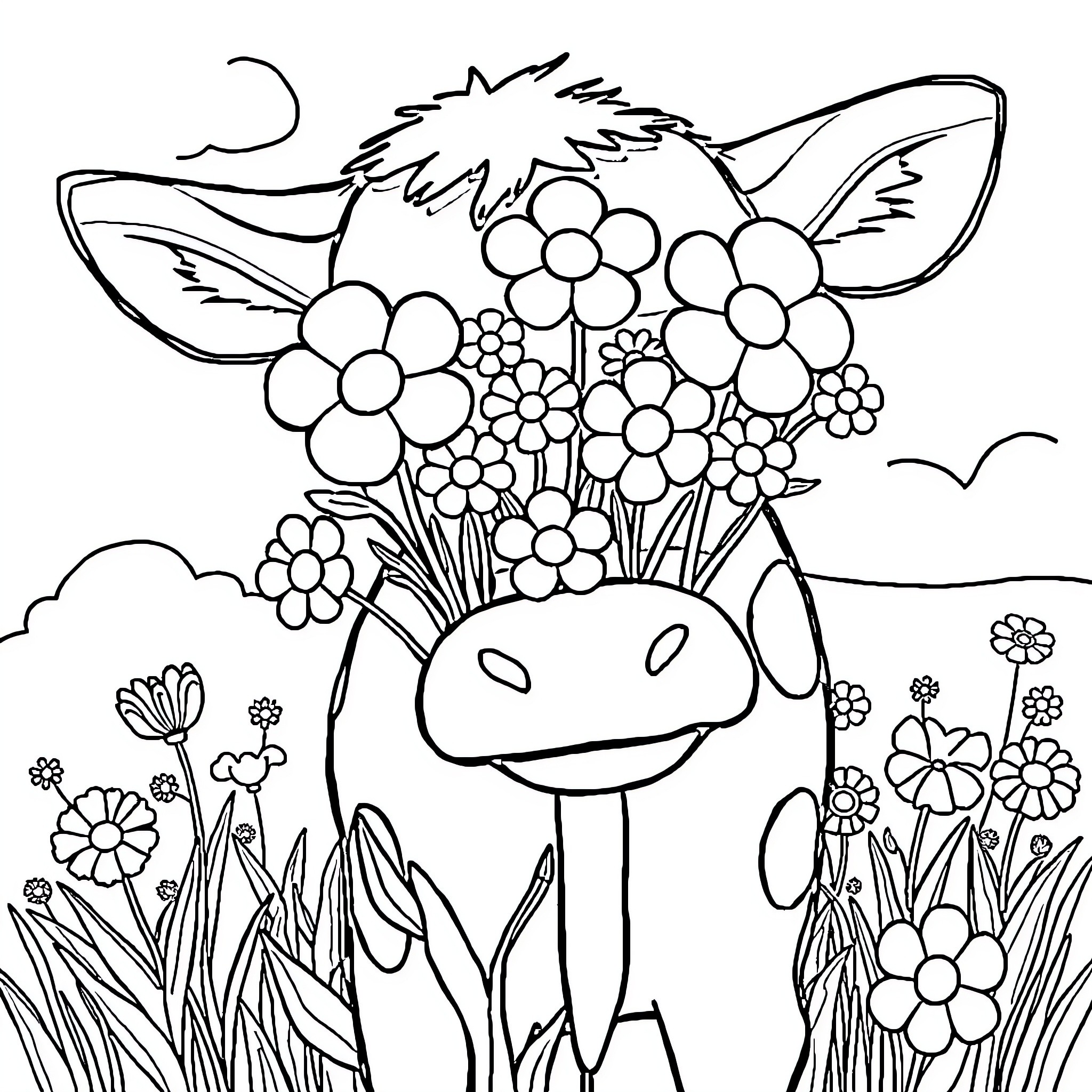 Cow surrounded by blooming flowers in the meadow Coloring Page (free black-and-white line drawing printable PDF for all, from beginners to advanced learners, including children, teens, adults, and seniors)