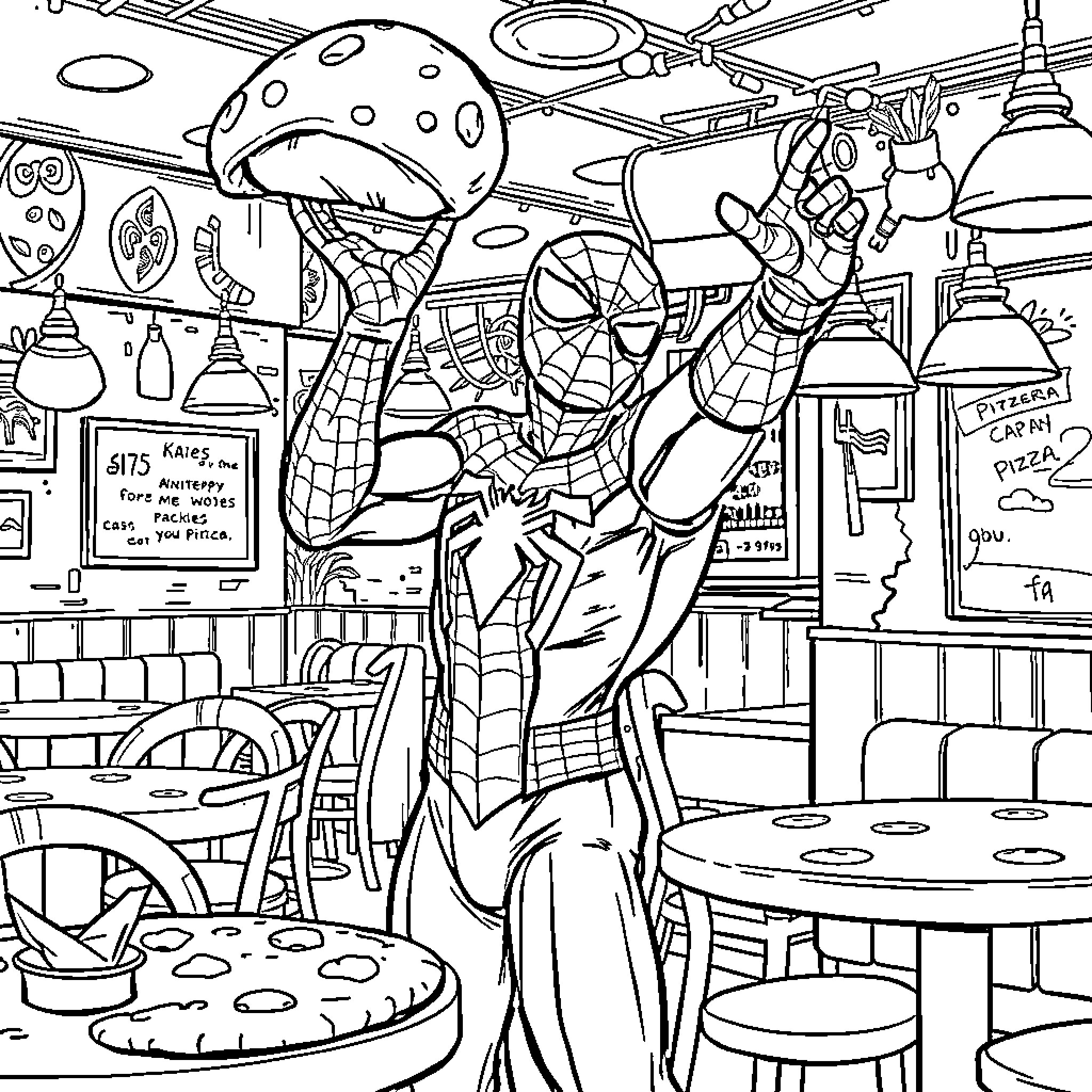 Spider-Man swinging through a busy city cafe Coloring Page (free black-and-white line drawing printable PDF for all, from beginners to advanced learners, including children, teens, adults, and seniors)