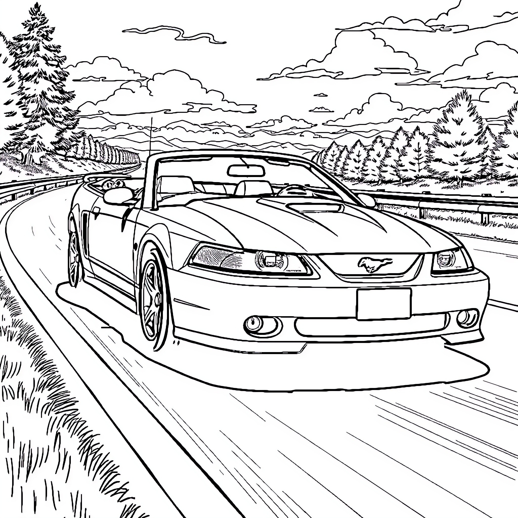 Mustang speeding on a winding mountain road Coloring Page (free black-and-white line drawing printable PDF for all, from beginners to advanced learners, including children, teens, adults, and seniors)