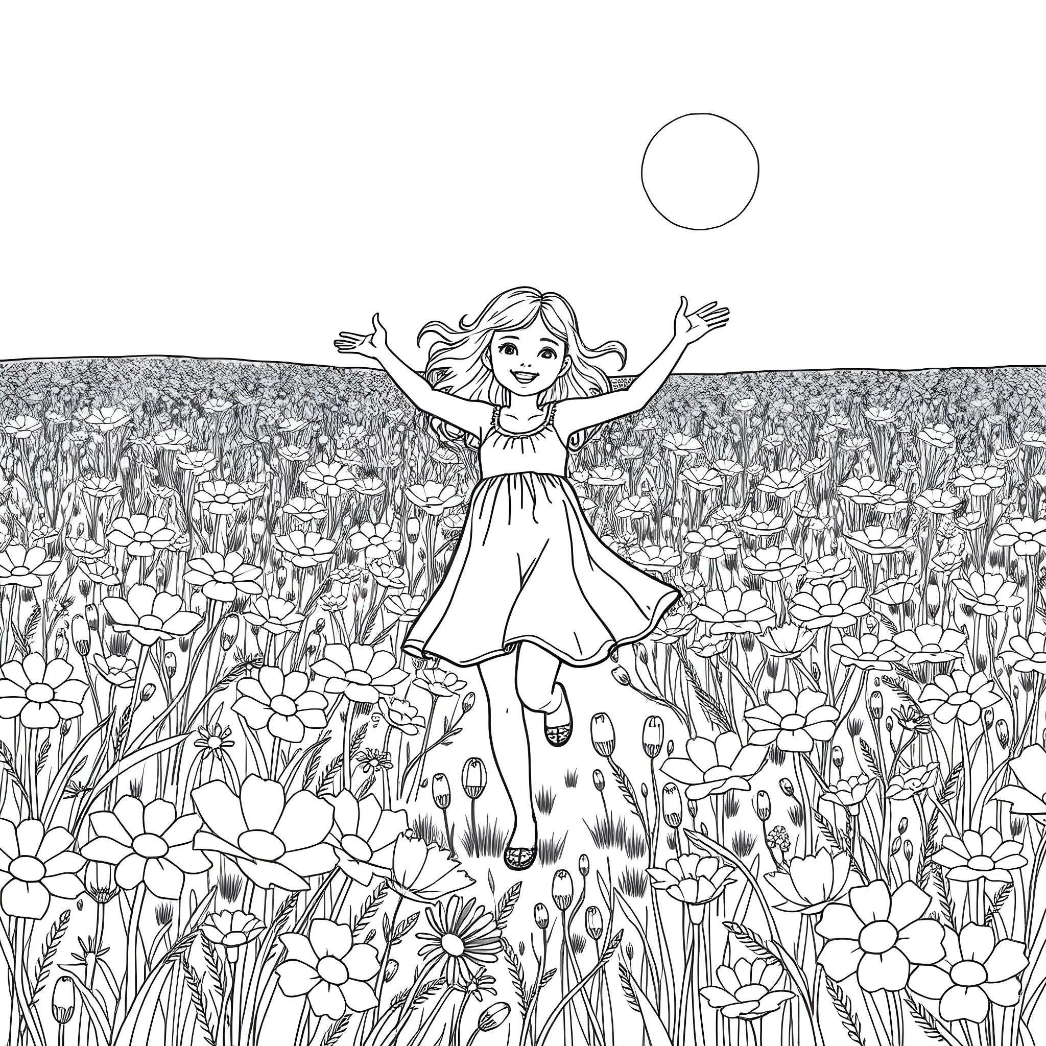 Girl joyfully dancing in a flower-filled meadow Coloring Page (free black-and-white line drawing printable PDF for all, from beginners to advanced learners, including children, teens, adults, and seniors)