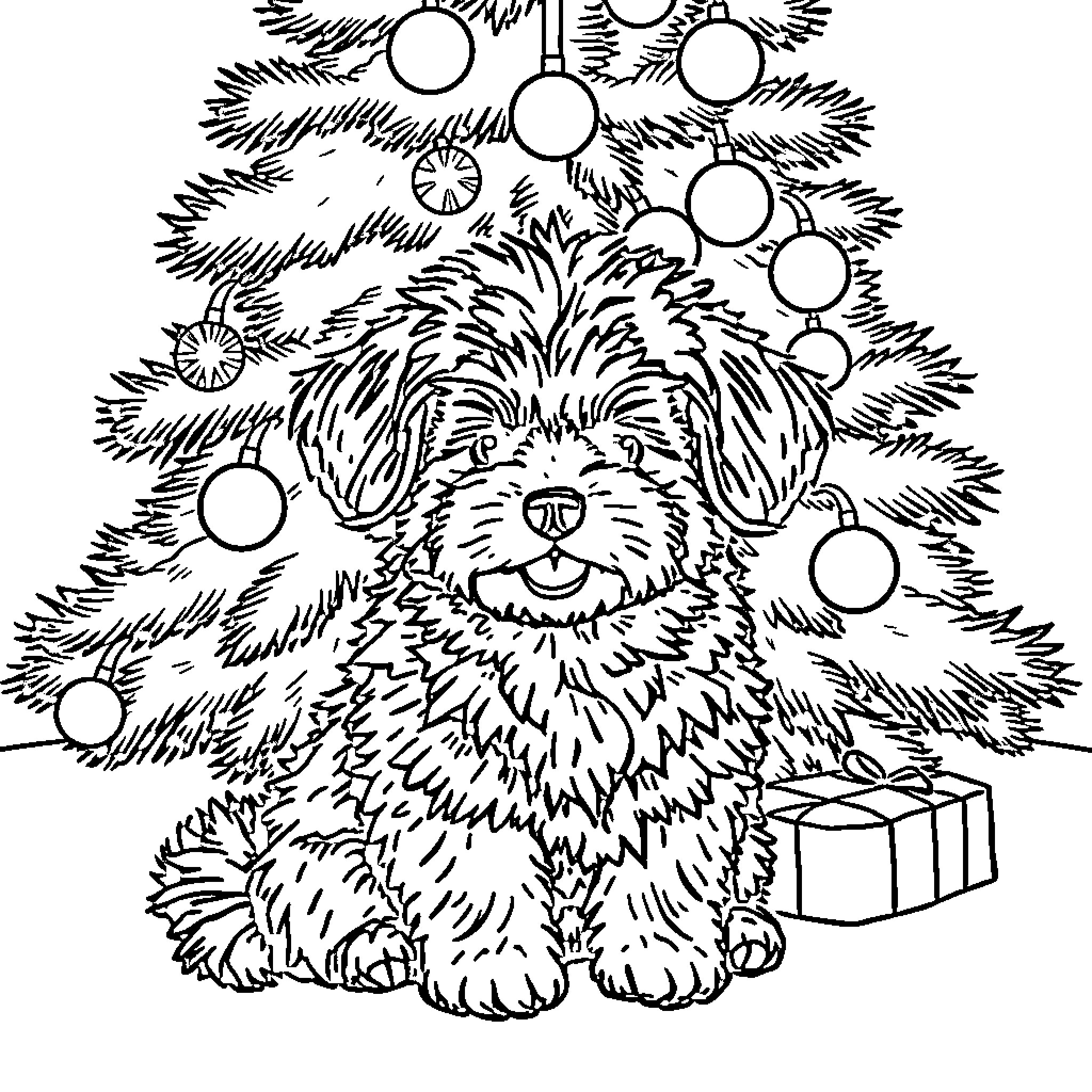 Maltipoo puppy under Christmas tree Coloring Page (free black-and-white line drawing printable PDF for all, from beginners to advanced learners, including children, teens, adults, and seniors)