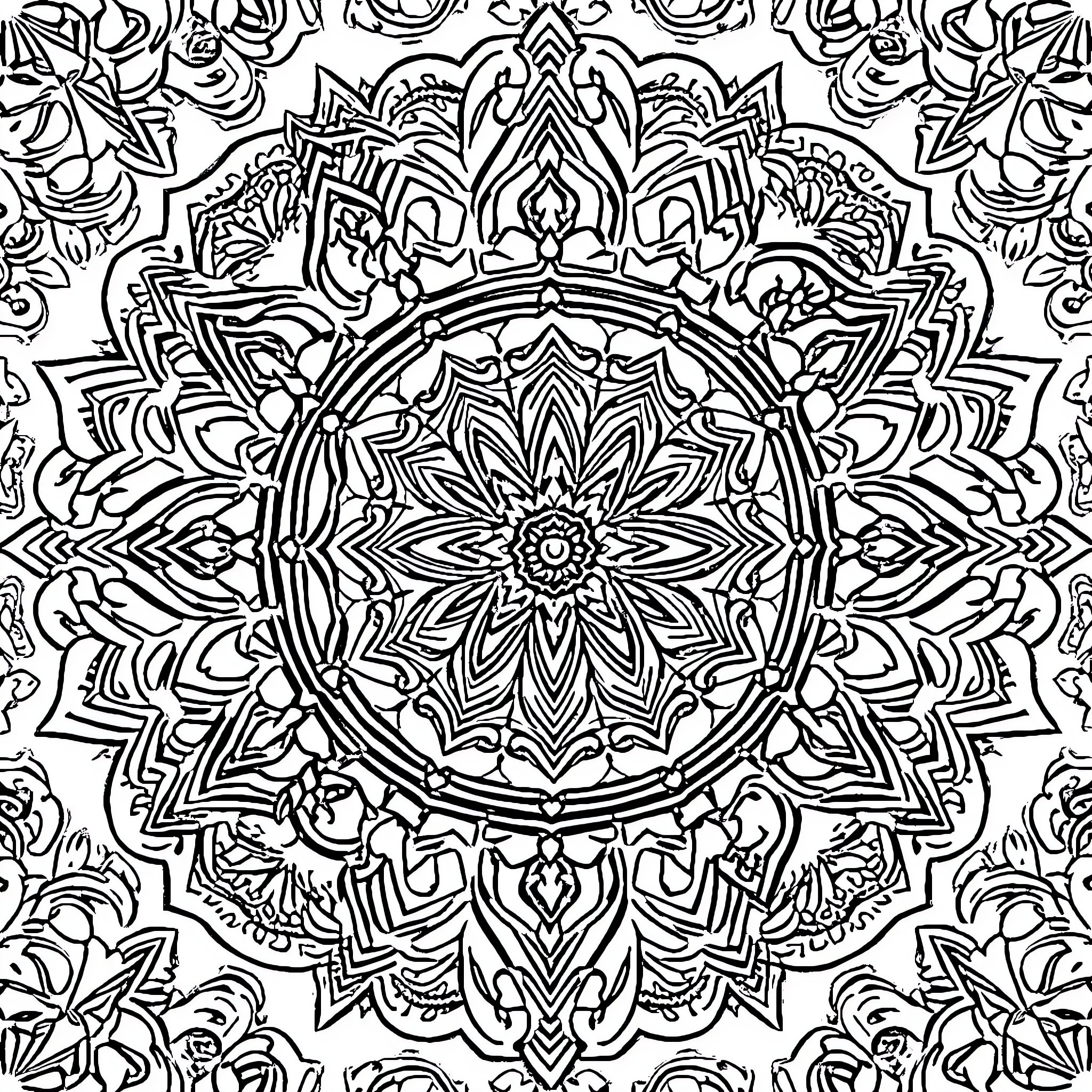 Mandalas of intricate floral patterns and geometric designs Coloring Page (free black-and-white line drawing printable PDF for all, from beginners to advanced learners, including children, teens, adults, and seniors)