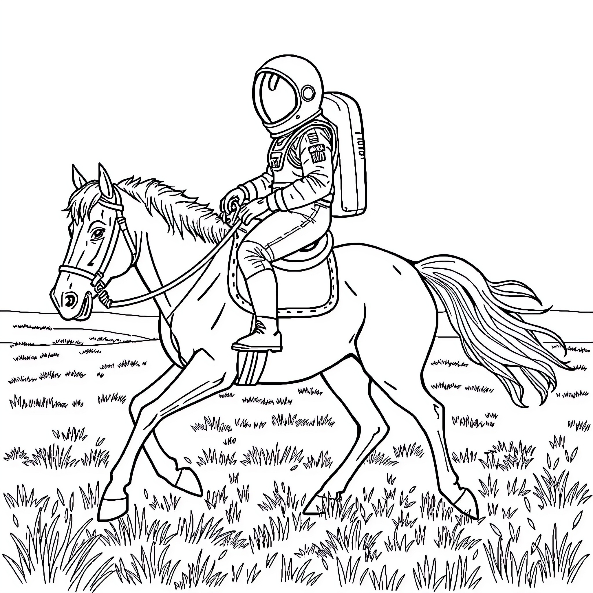 Astronaut riding a horse across the grasslands Coloring Page (free black-and-white line drawing printable PDF for all, from beginners to advanced learners, including children, teens, adults, and seniors)