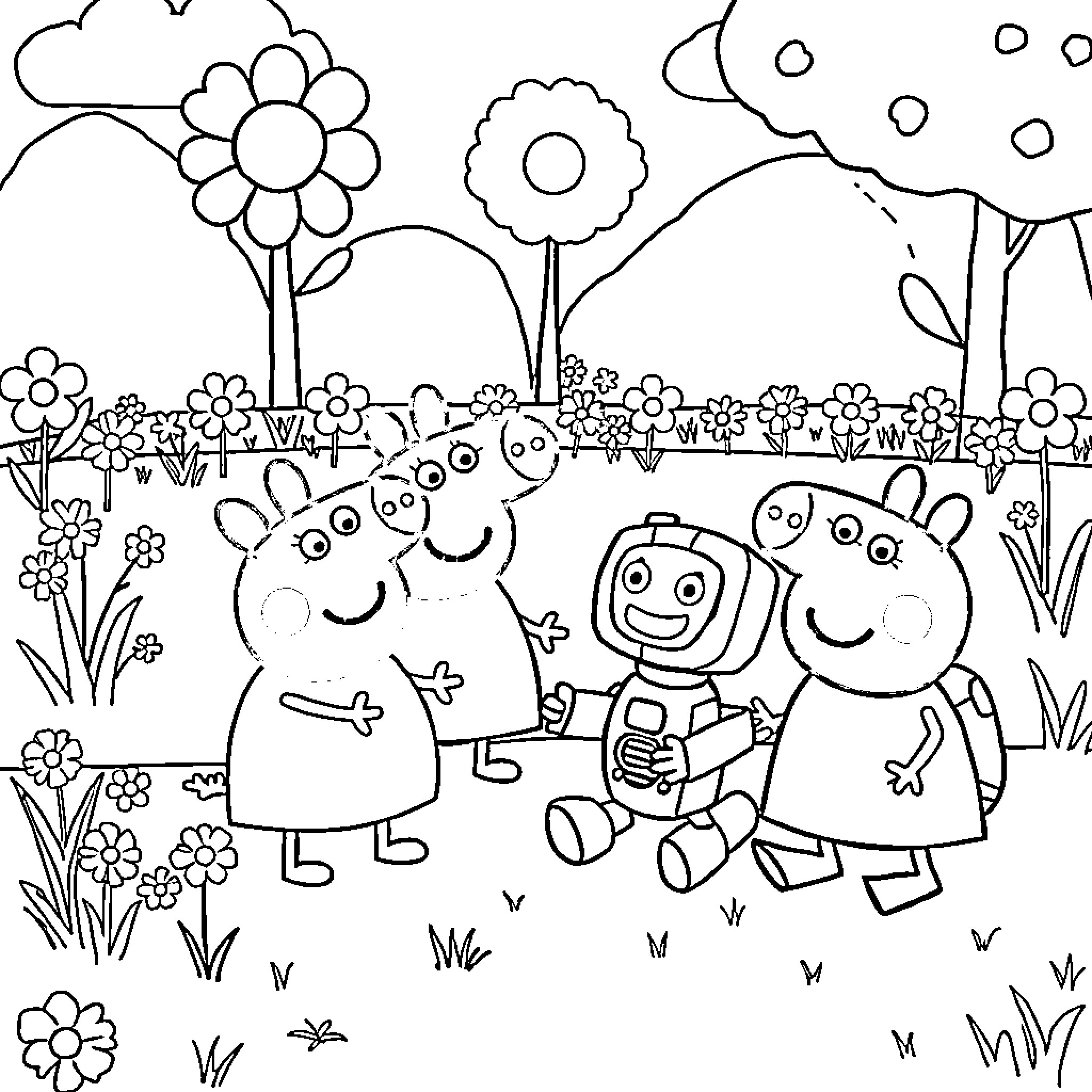 Peppa Pig characters playing happily in a floral garden Coloring Page (free black-and-white line drawing printable PDF for all, from beginners to advanced learners, including children, teens, adults, and seniors)
