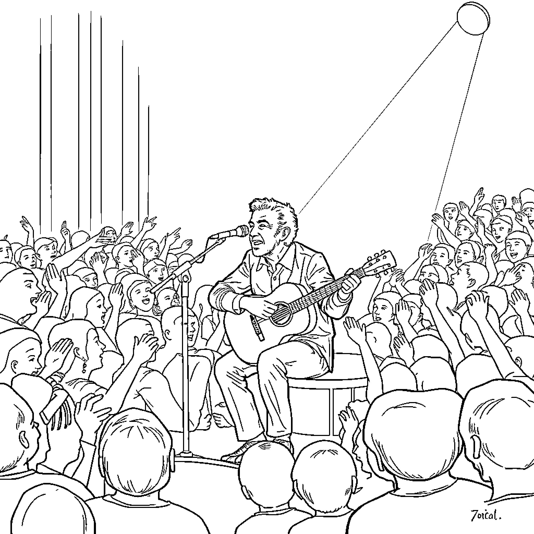 Neil Diamond performing on stage for adoring crowd Coloring Page (free black-and-white line drawing printable PDF for all, from beginners to advanced learners, including children, teens, adults, and seniors)