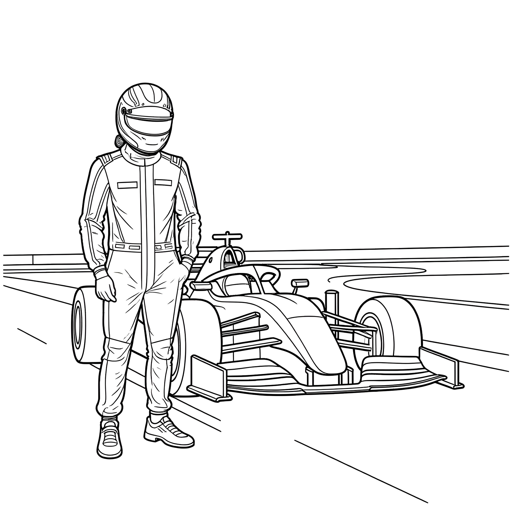 Formula 1 Driver Standing Near Racing Car Coloring Page (free black-and-white line drawing printable PDF for all, from beginners to advanced learners, including children, teens, adults, and seniors)