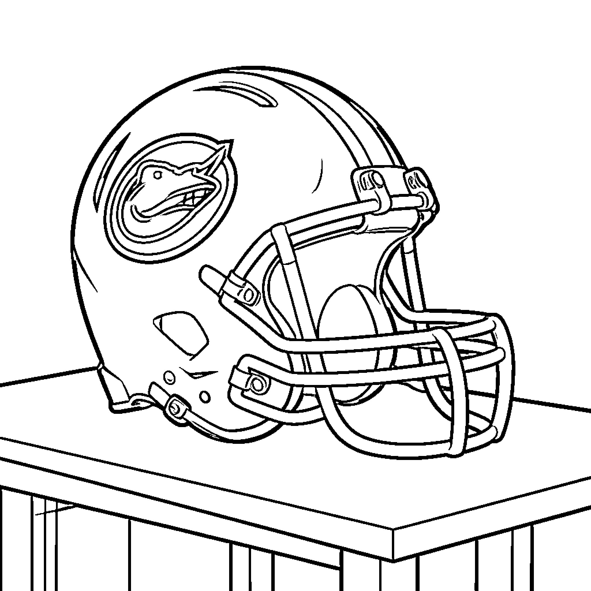 Football Helmet resting on a wooden surface Coloring Page (free black-and-white line drawing printable PDF for all, from beginners to advanced learners, including children, teens, adults, and seniors)