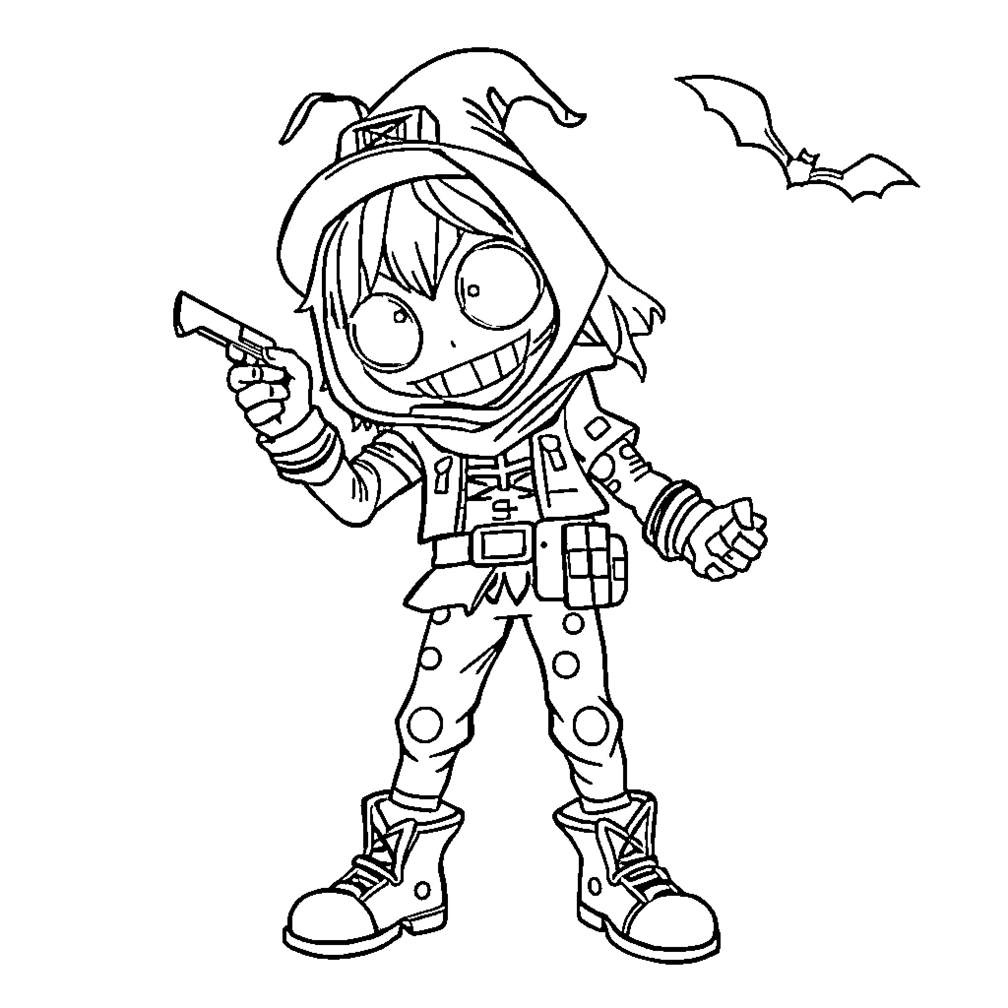 Monster child in Halloween costume with gun Coloring Page (free black-and-white line drawing printable PDF for all, from beginners to advanced learners, including children, teens, adults, and seniors)