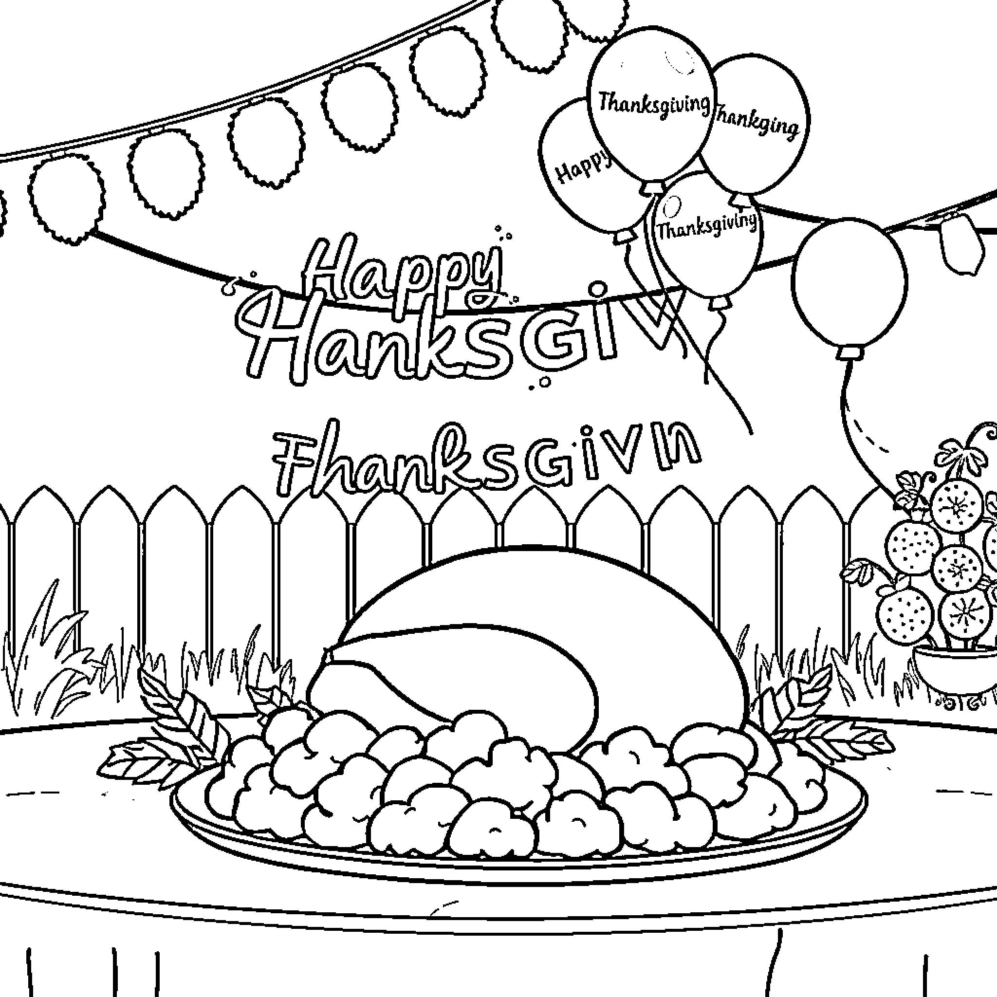 Turkey Thanksgiving celebration with balloons and decorations Coloring Page (free black-and-white line drawing printable PDF for all, from beginners to advanced learners, including children, teens, adults, and seniors)