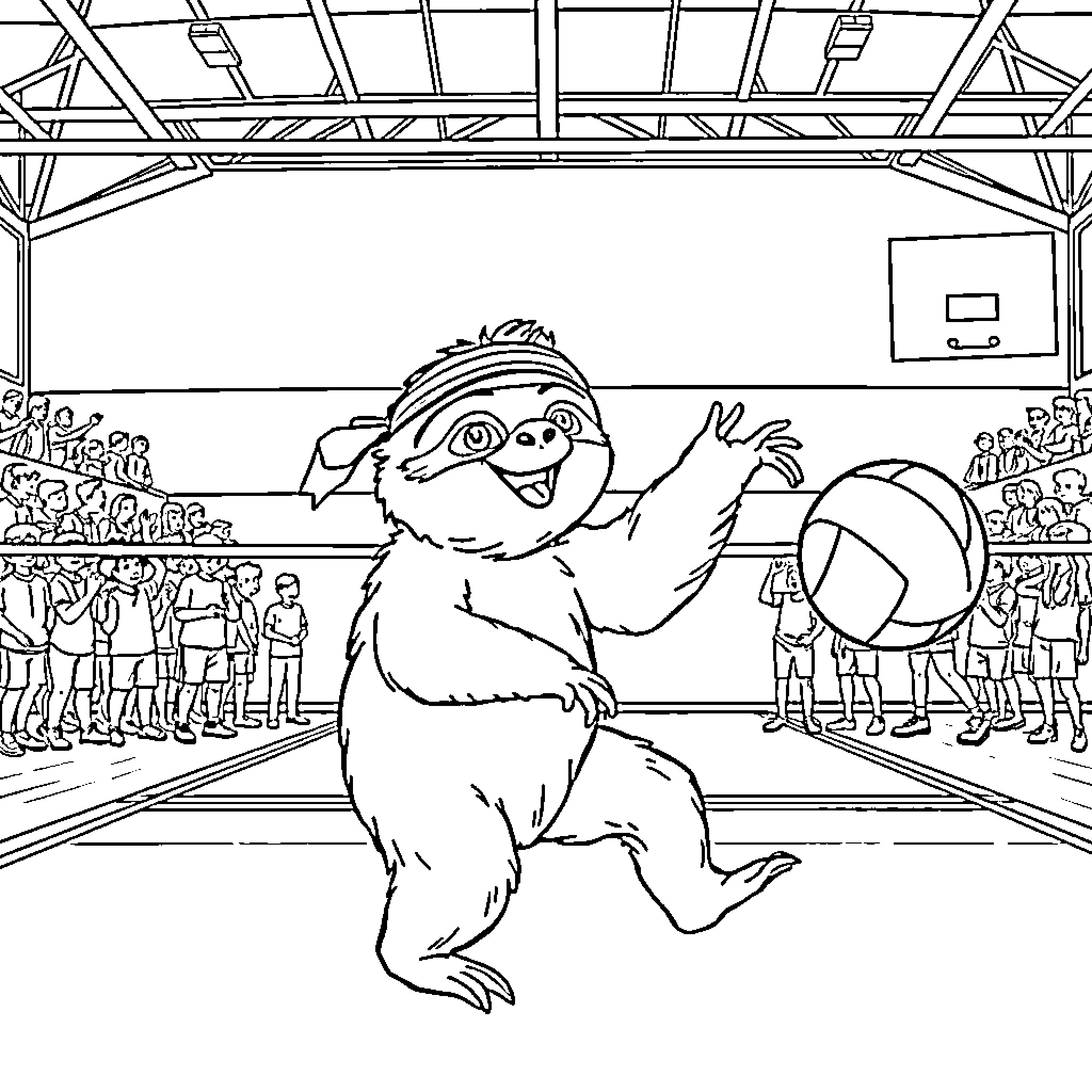 Sloth playing happily with ball in sports arena Coloring Page (free black-and-white line drawing printable PDF for all, from beginners to advanced learners, including children, teens, adults, and seniors)