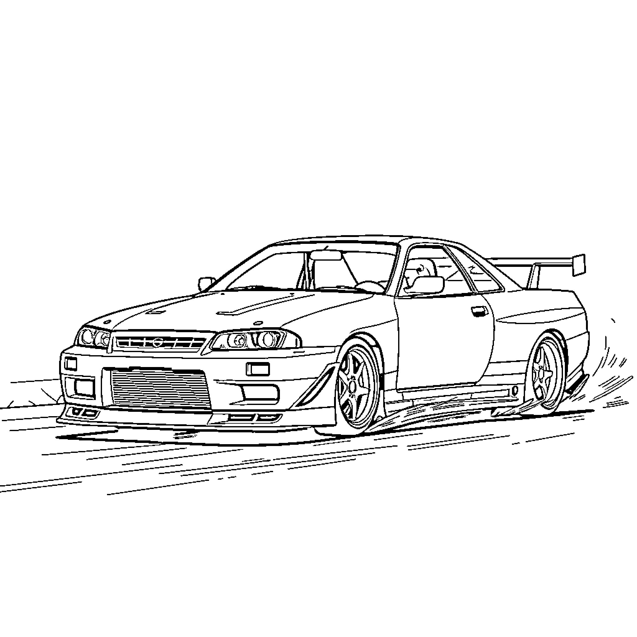 Nissan Skyline speeding on the road Coloring Page (free black-and-white line drawing printable PDF for all, from beginners to advanced learners, including children, teens, adults, and seniors)