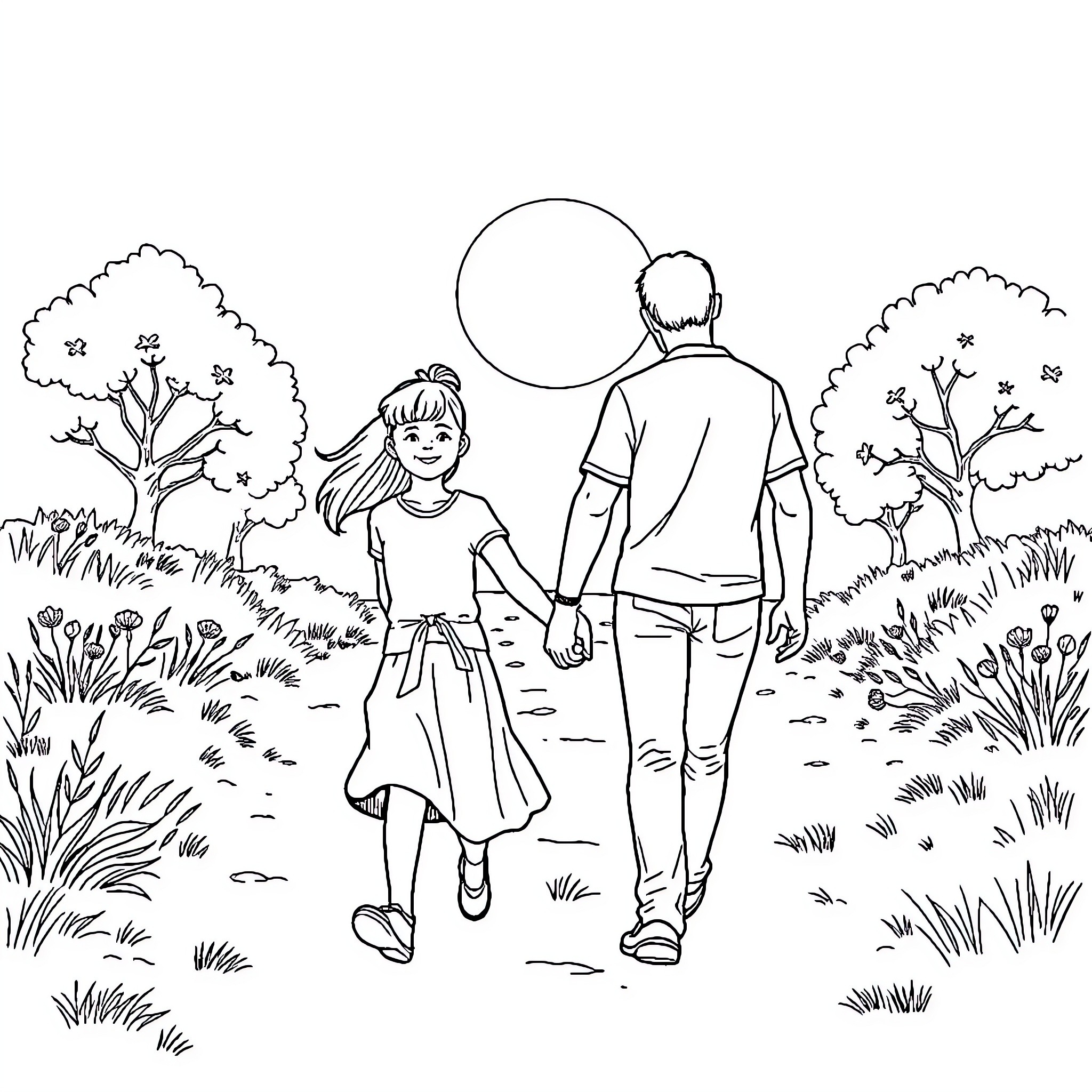 Child takes a walk with parent in nature Coloring Page (free black-and-white line drawing printable PDF for all, from beginners to advanced learners, including children, teens, adults, and seniors)