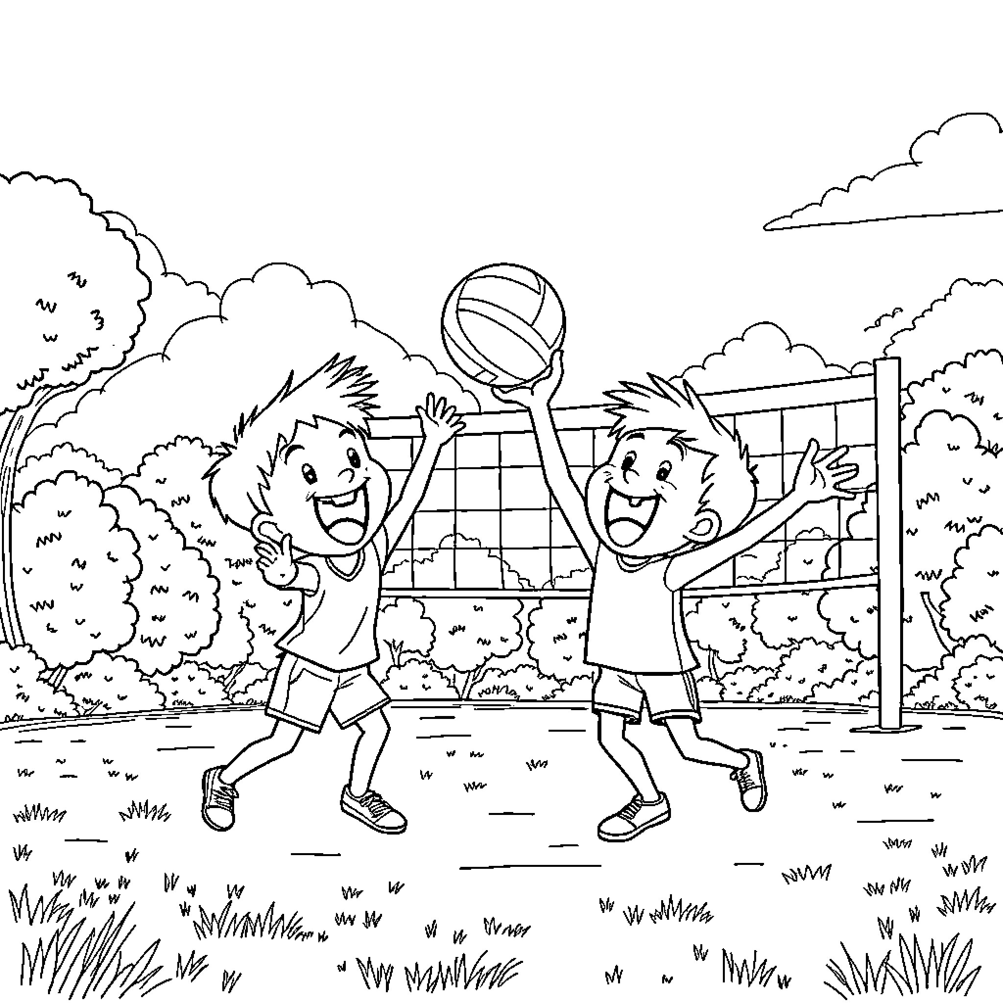 Mini Force playing volleyball together outdoors Coloring Page (free black-and-white line drawing printable PDF for all, from beginners to advanced learners, including children, teens, adults, and seniors)