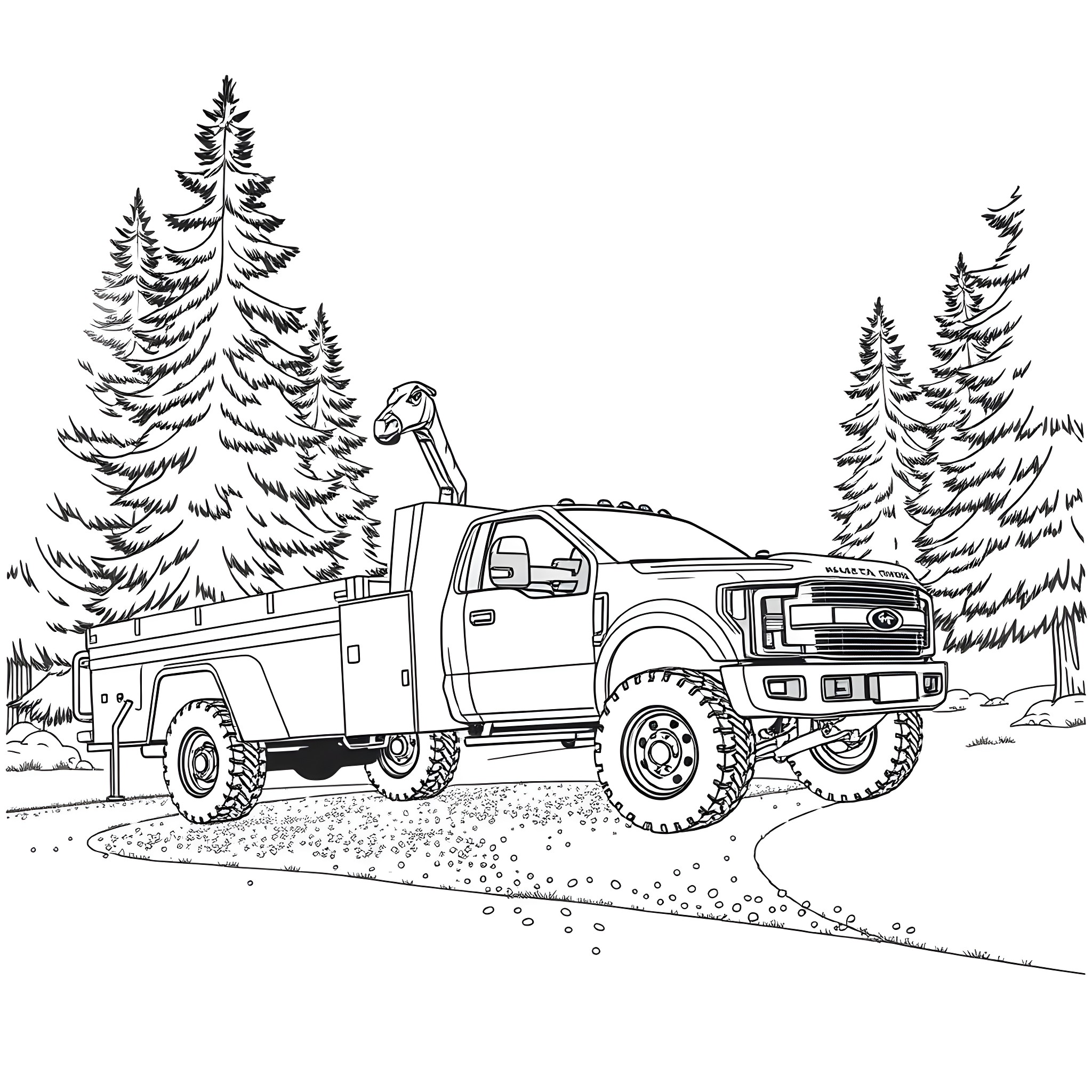 Gooseneck Trailer Hauling Truck in the Forest Coloring Page (free black-and-white line drawing printable PDF for all, from beginners to advanced learners, including children, teens, adults, and seniors)