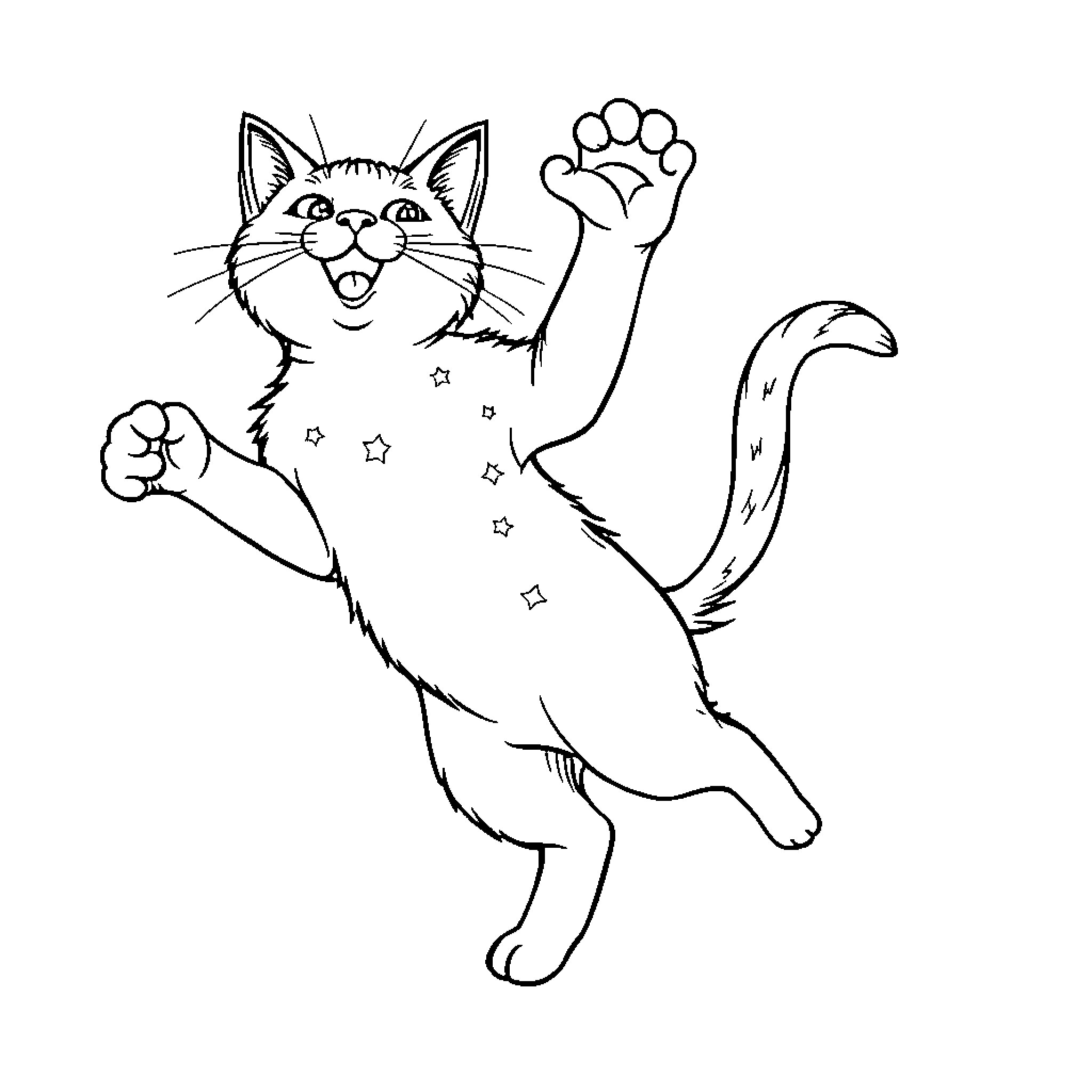 Cat playfully waving paw with stars Coloring Page (free black-and-white line drawing printable PDF for all, from beginners to advanced learners, including children, teens, adults, and seniors)
