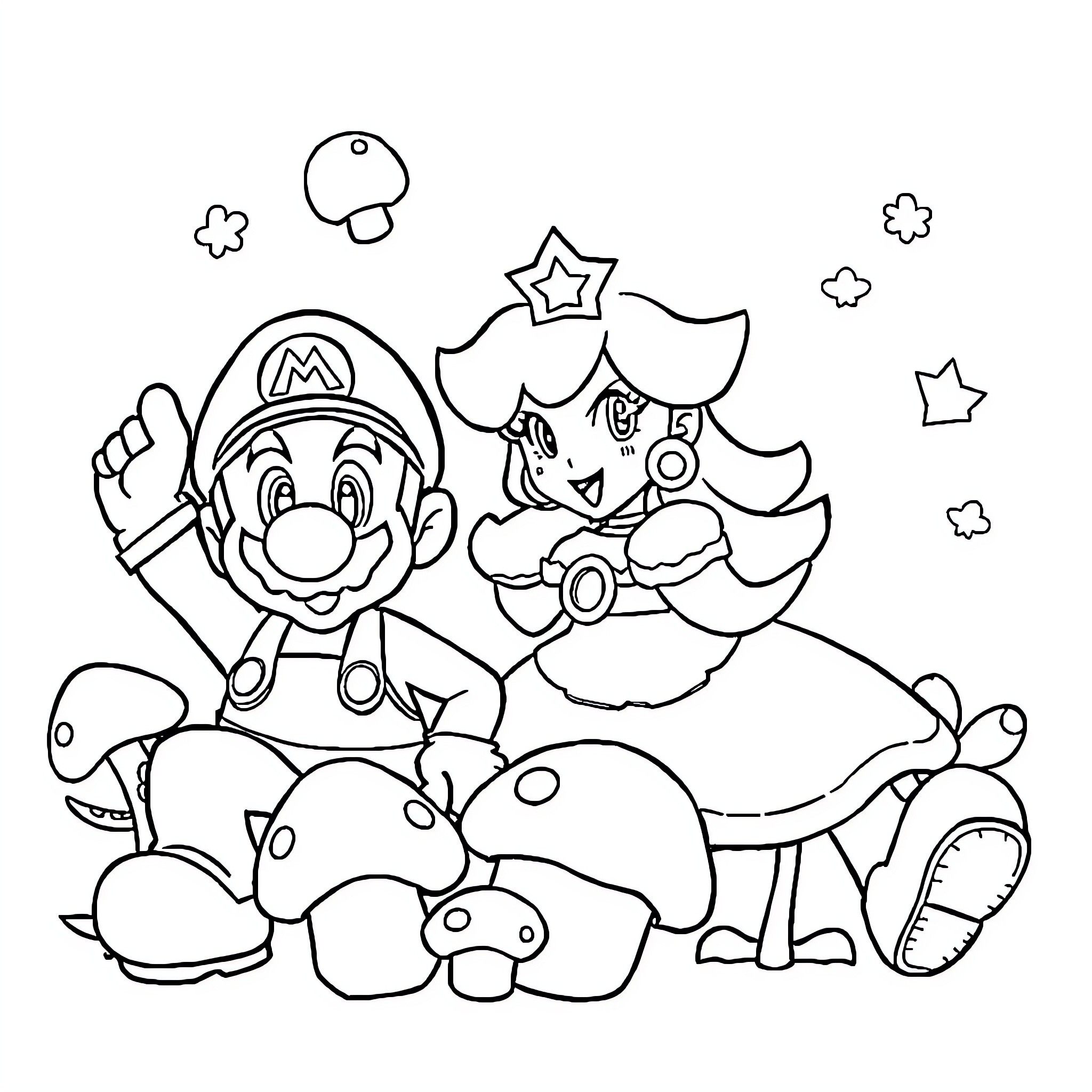 Mario's Mushroom Kingdom Adventure Coloring Page (free black-and-white line drawing printable PDF for all, from beginners to advanced learners, including children, teens, adults, and seniors)