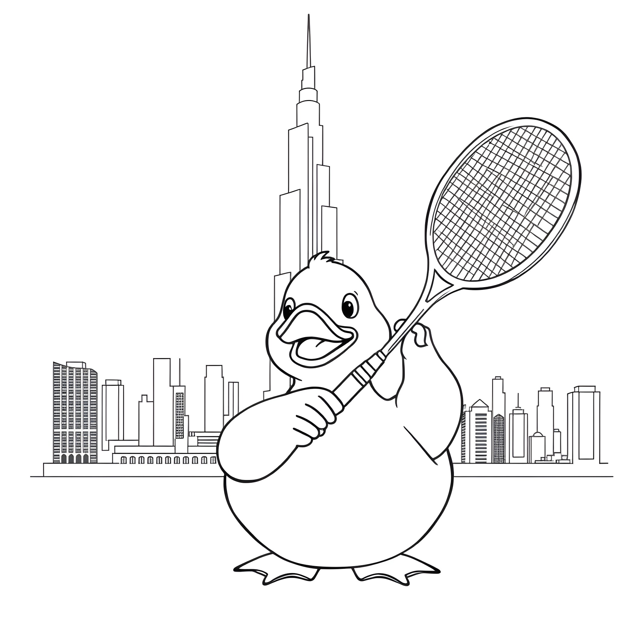 Rubber Duck playing tennis in the city Coloring Page (free black-and-white line drawing printable PDF for all, from beginners to advanced learners, including children, teens, adults, and seniors)
