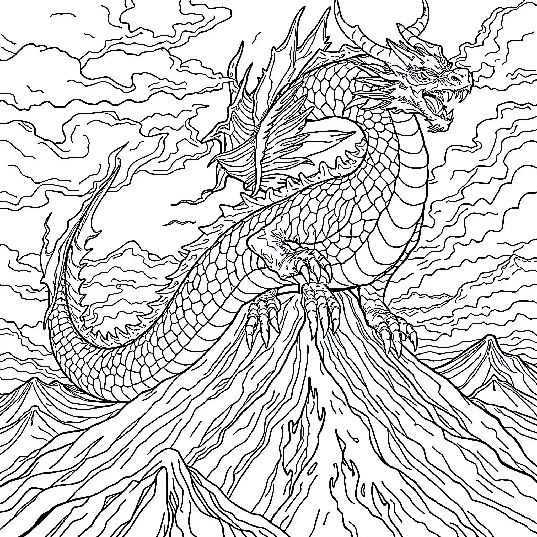 Dragon soaring through stormy clouds Coloring Page (free black-and-white line drawing printable PDF for all, from beginners to advanced learners, including children, teens, adults, and seniors)