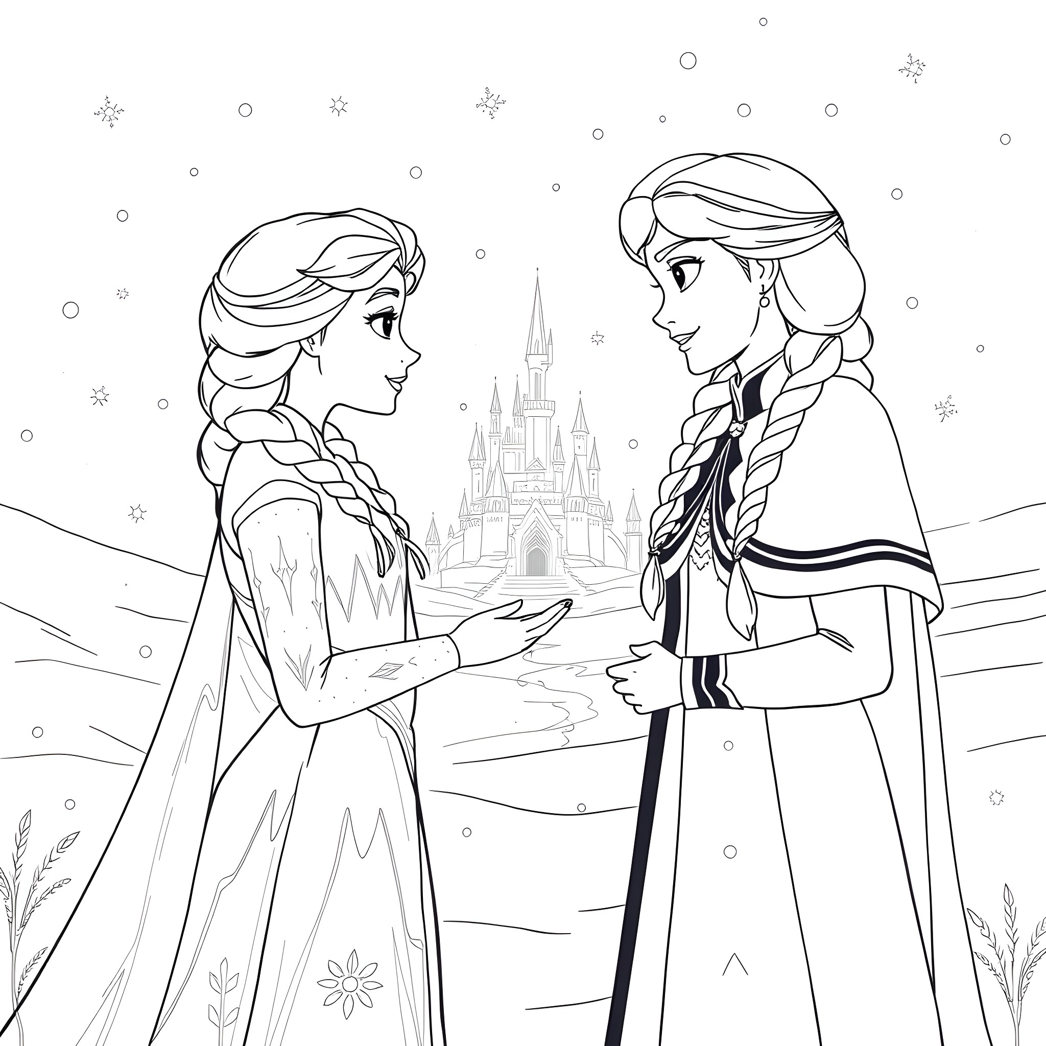 Elsa and Anna in a Winter Wonderland Coloring Page (free black-and-white line drawing printable PDF for all, from beginners to advanced learners, including children, teens, adults, and seniors)