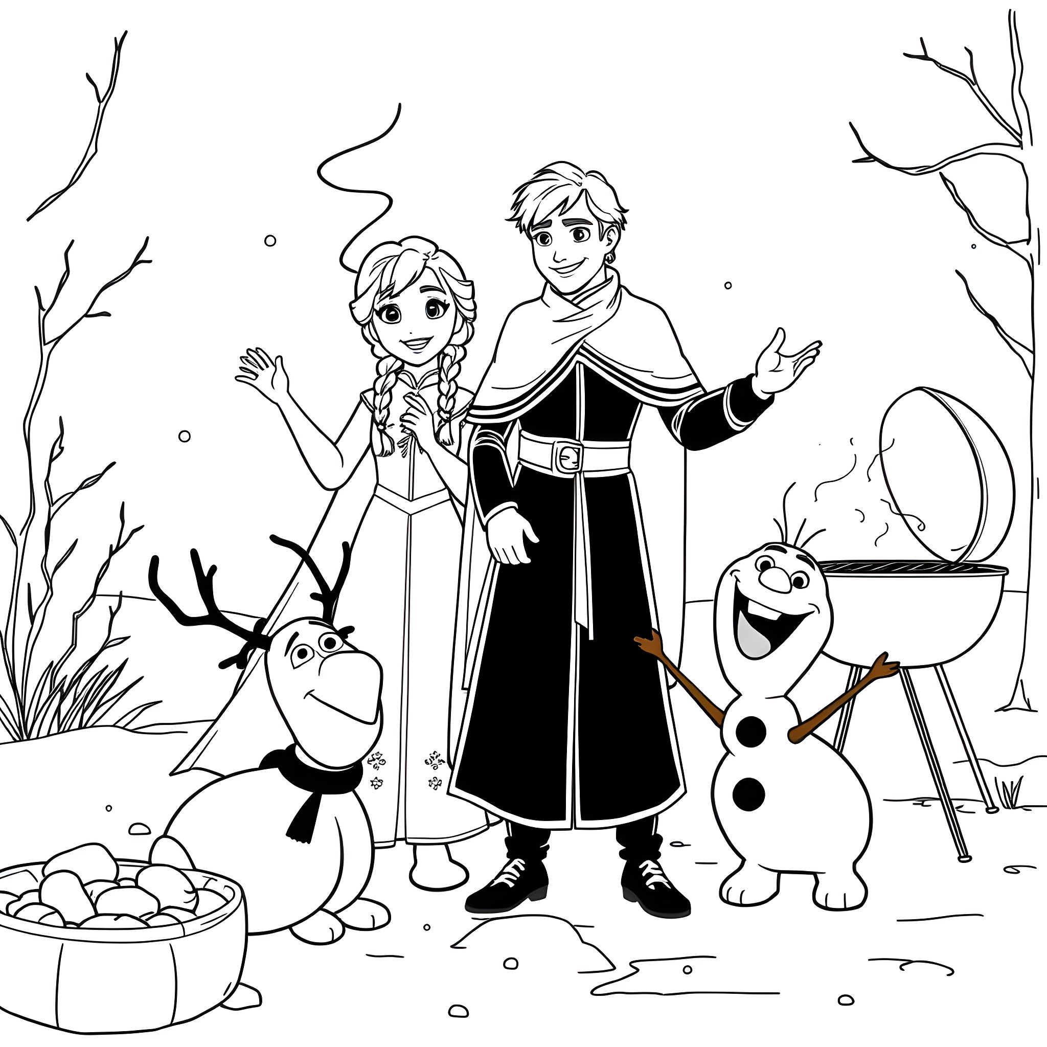 Elsa and Kristoff explore the winter wonderland Coloring Page (free black-and-white line drawing printable PDF for all, from beginners to advanced learners, including children, teens, adults, and seniors)